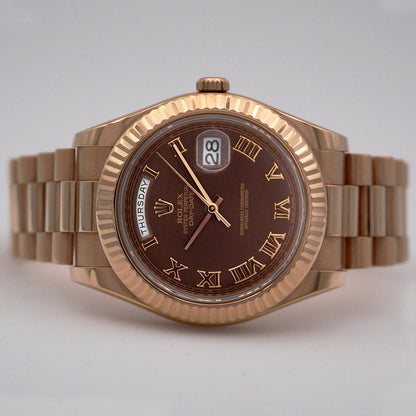 Rolex Day Date 41 218235 Chocolate Dial 18k Rose Gold Mens Watch Box Papers - Watches