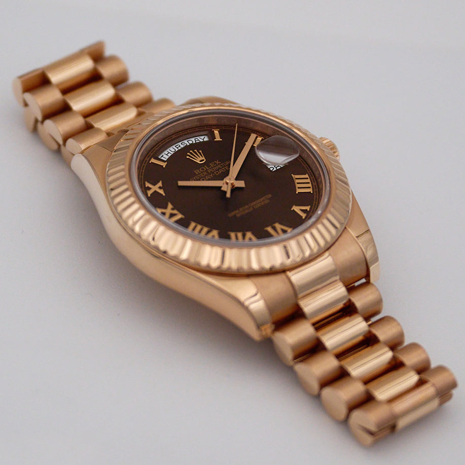 Rolex Day Date 41 218235 Chocolate Dial 18k Rose Gold Mens Watch Box Papers - Watches