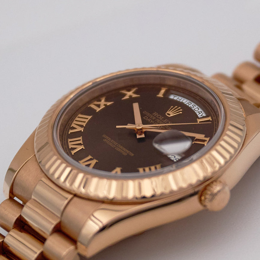 Rolex Day Date 41 218235 Chocolate Dial 18k Rose Gold Mens Watch Box Papers - Watches