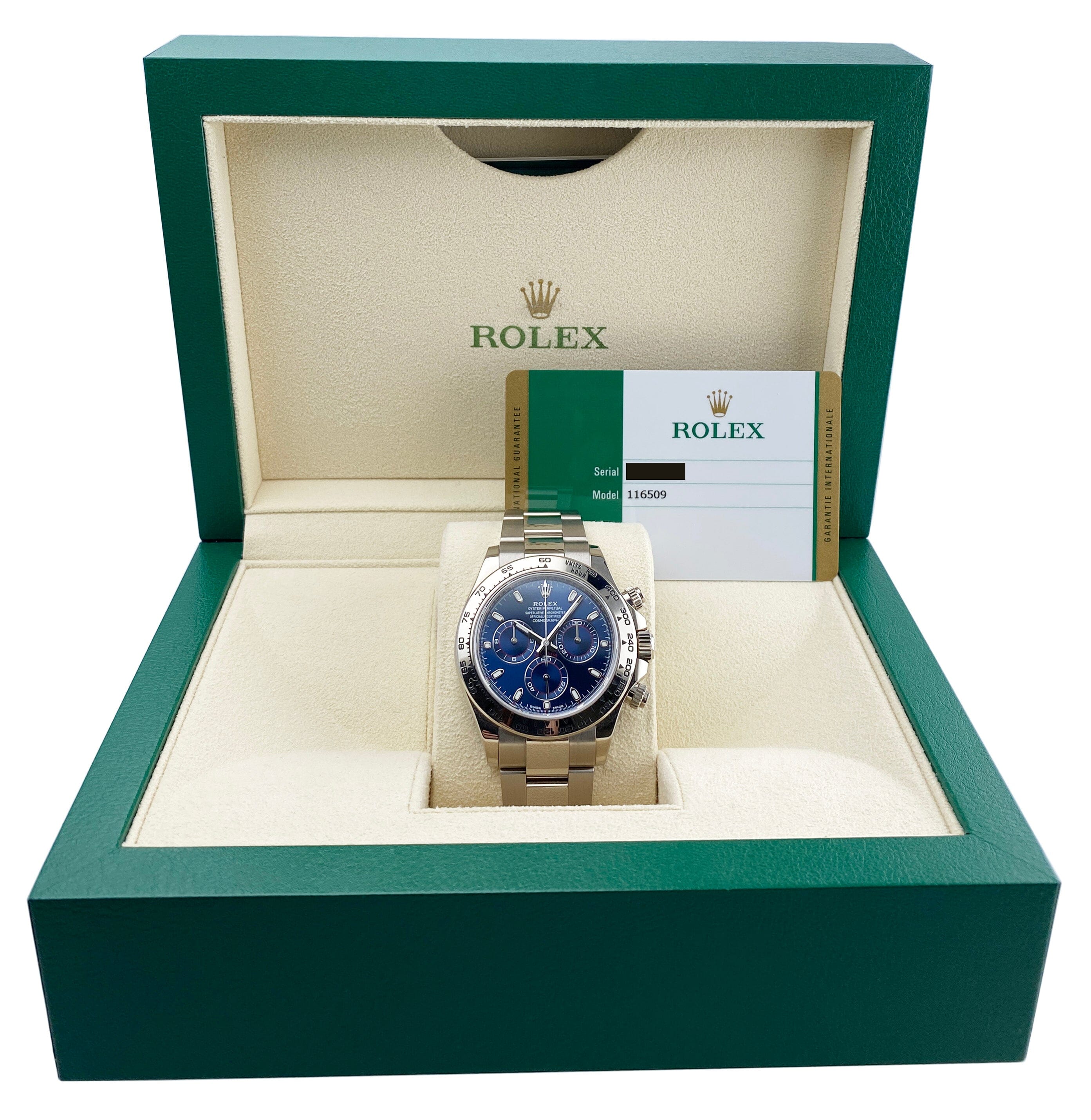 Rolex Daytona 116509 Blue Dial 18K White Gold Mens Watch Box