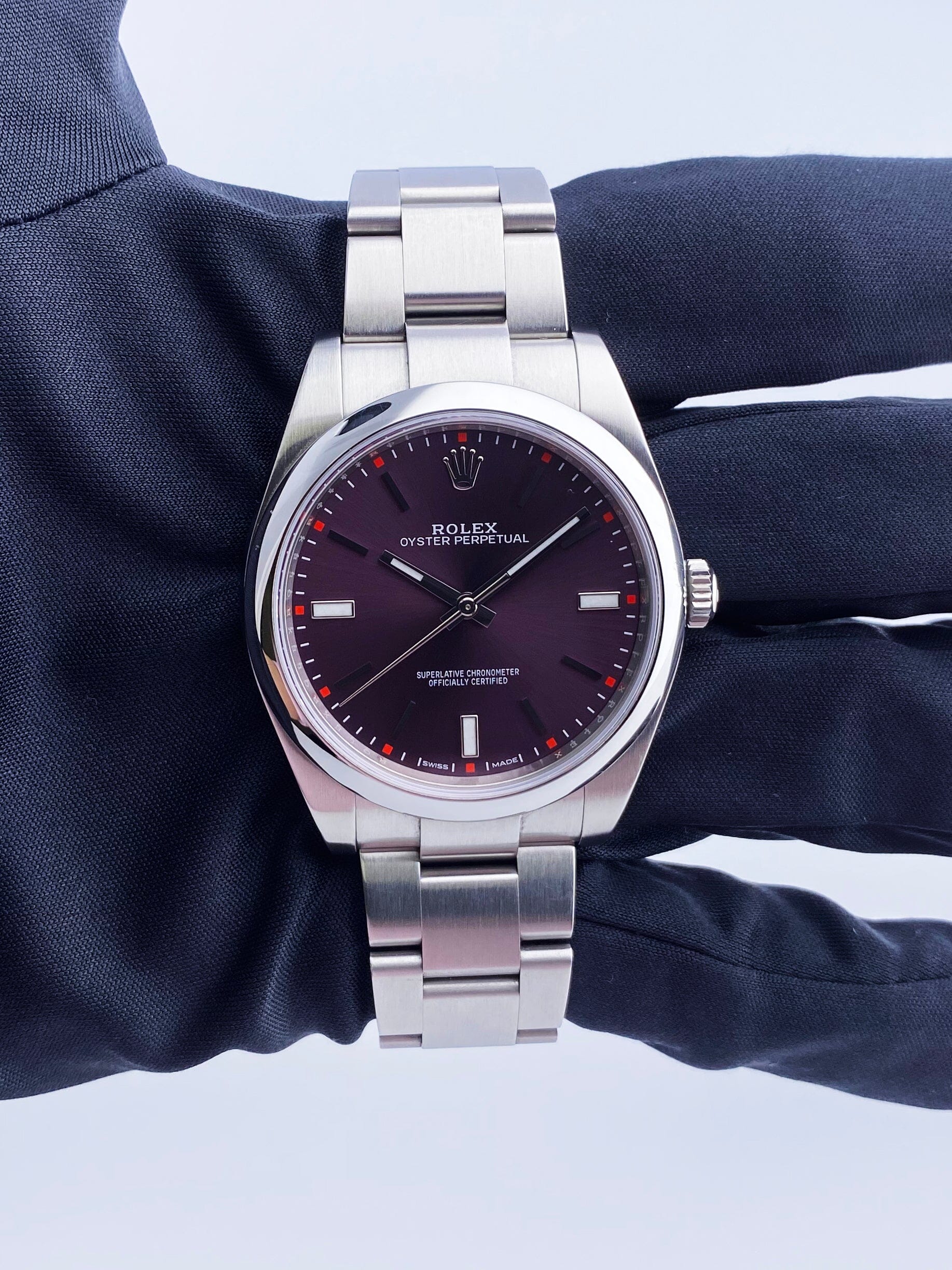 Rolex Oyster Perpetual 114300 Red Grape Dial Mens Watch Box Papers