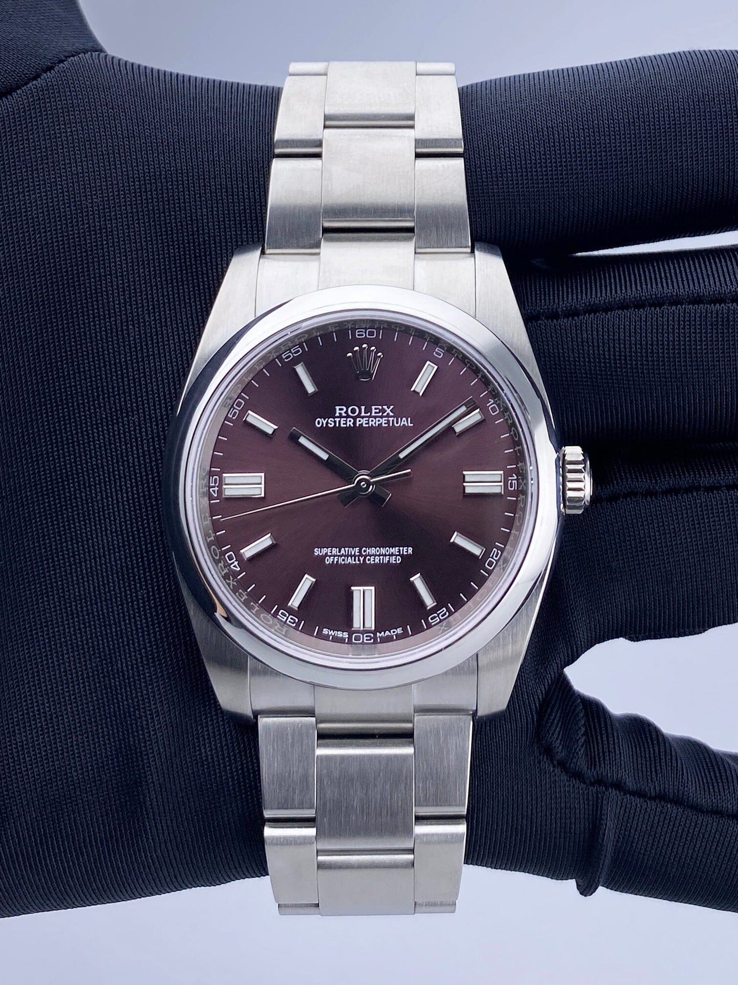 Rolex Oyster Perpetual 116000 Grape Dial Steel Mens Watch Box Papers - Virtual