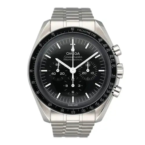 Silver stainless steel omega speedmaster professional moonwatch with a black dial and tachymeter bezel.