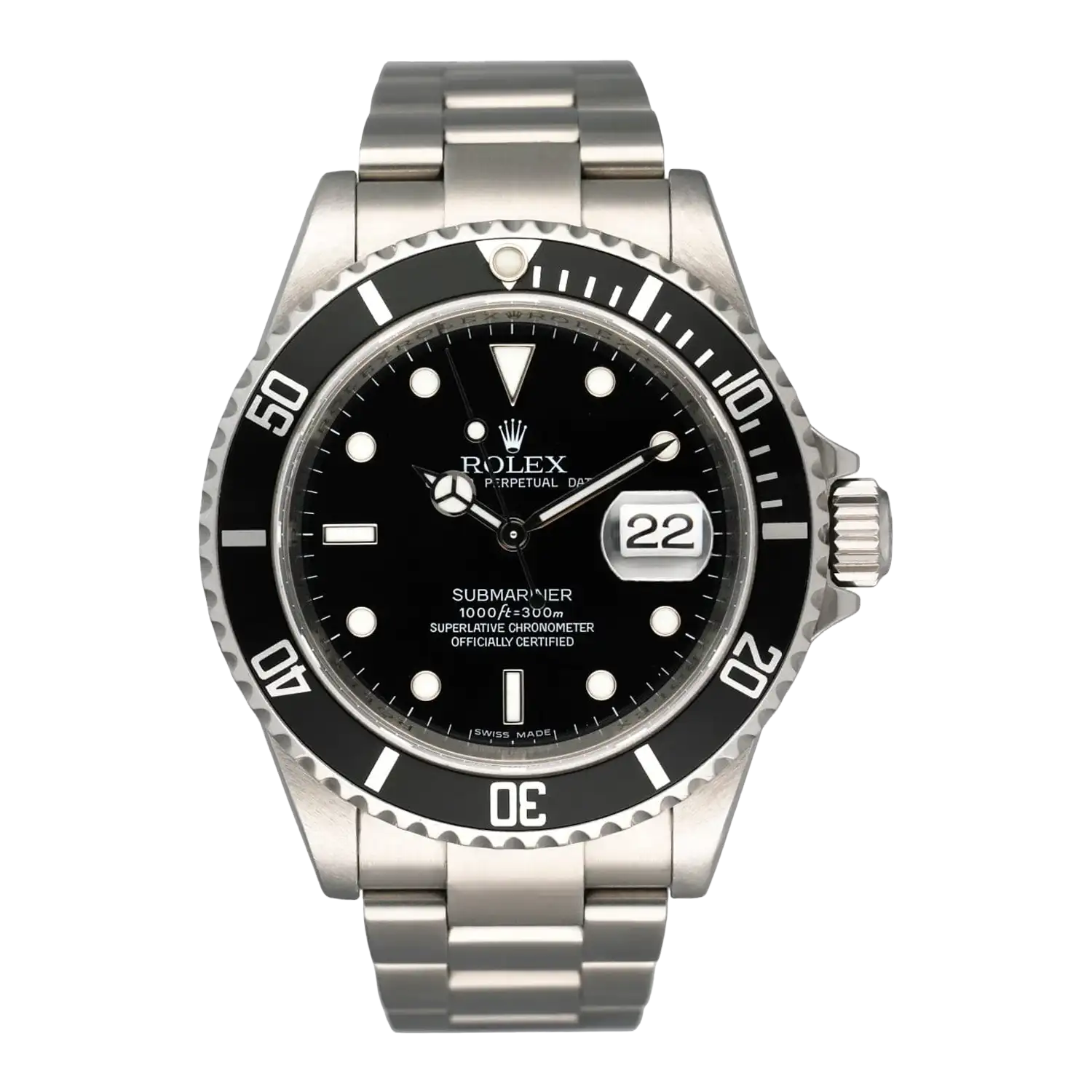 Silver stainless steel rolex submariner watch with a black dial, white hour markers and hands, and a unidirectional rotating bezel.