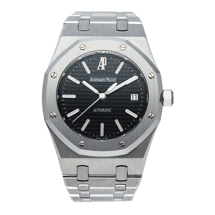 Silver-toned audemars piguet royal oak automatic watch with a black dial, brushed metal case and bracelet.