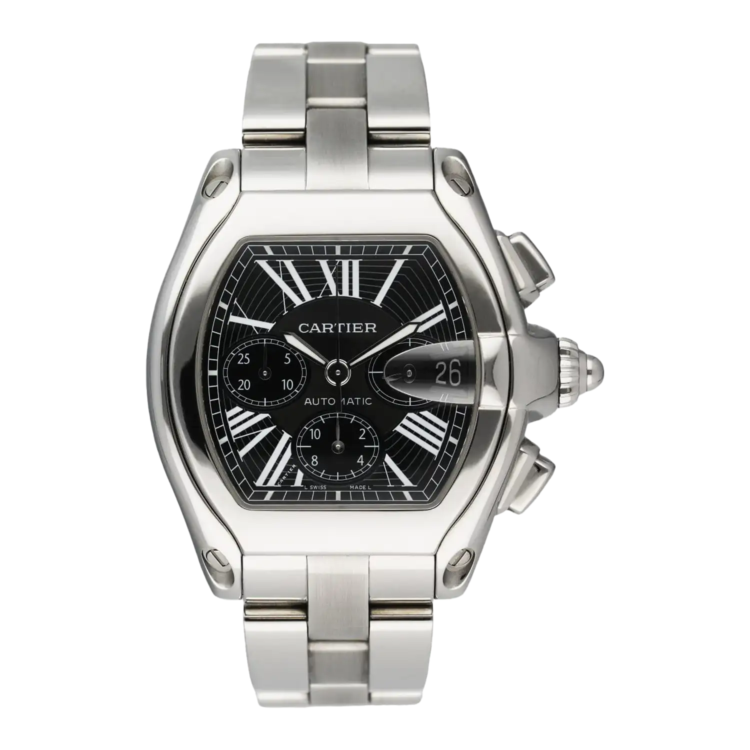 Silver-toned cartier watch with a black dial, roman numeral markers, and three subdials.