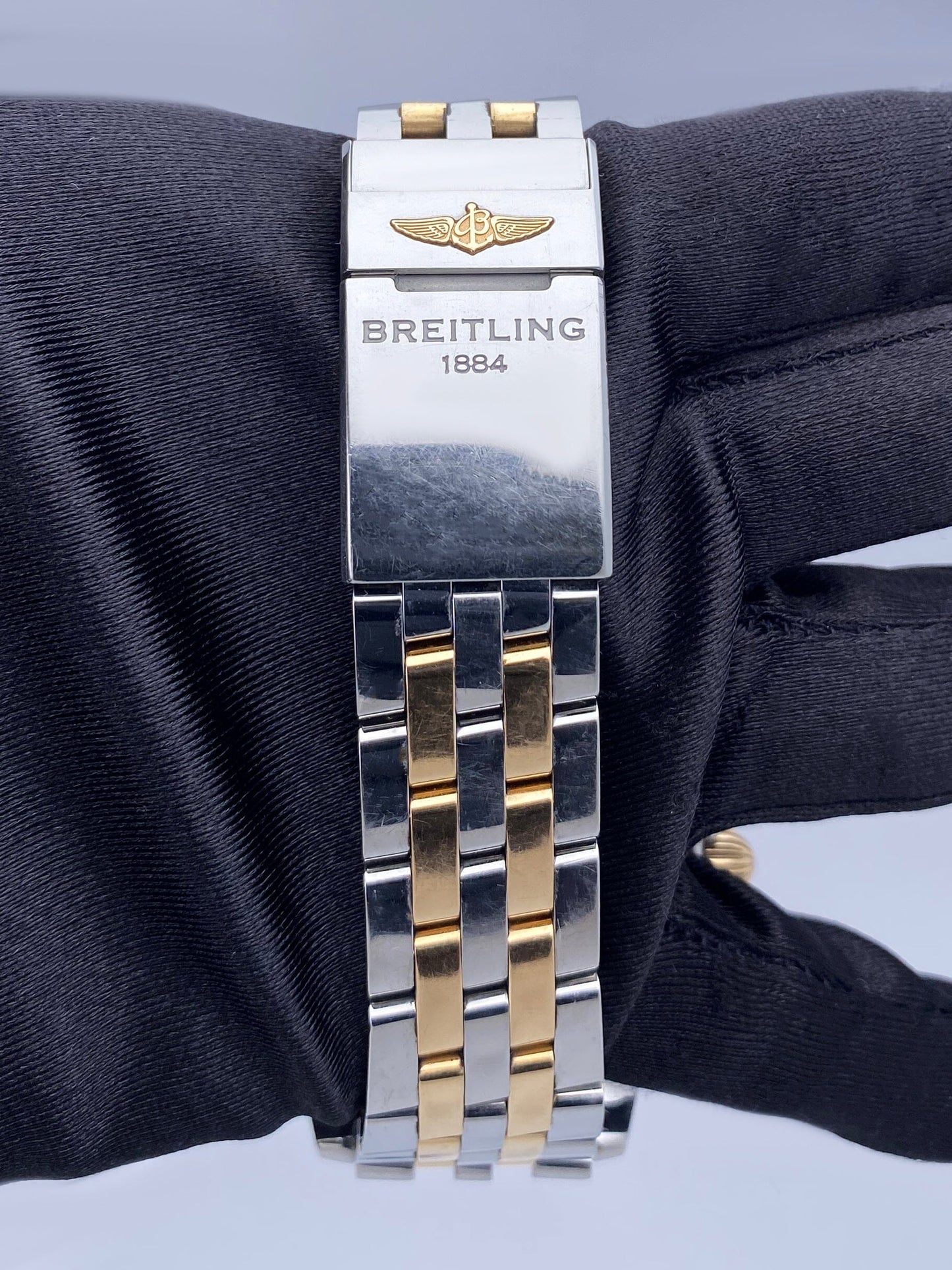 Breitling Chronomat 44 CB0110 Blue Dial Rose Gold Two-Tone Mens Watch Box Papers