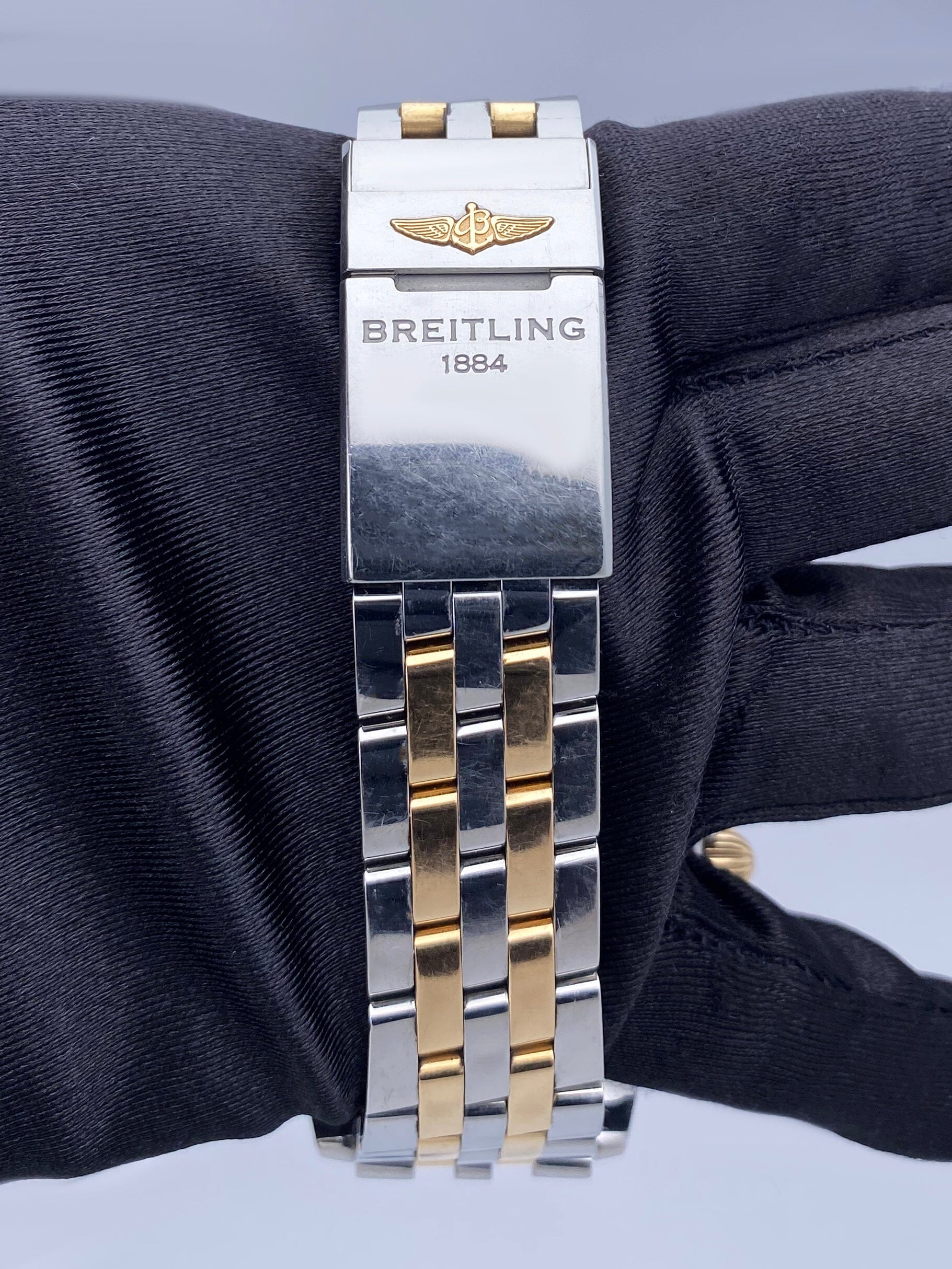 Breitling Chronomat 44 CB0110 Blue Dial Rose Gold Two-Tone Mens Watch Box Papers
