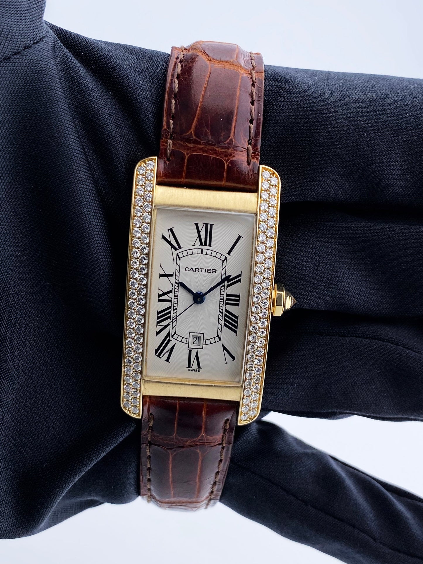 Cartier Tank Americaine 2483 Diamond Yellow Gold Ladies Watch Box Papers - Wristwatch