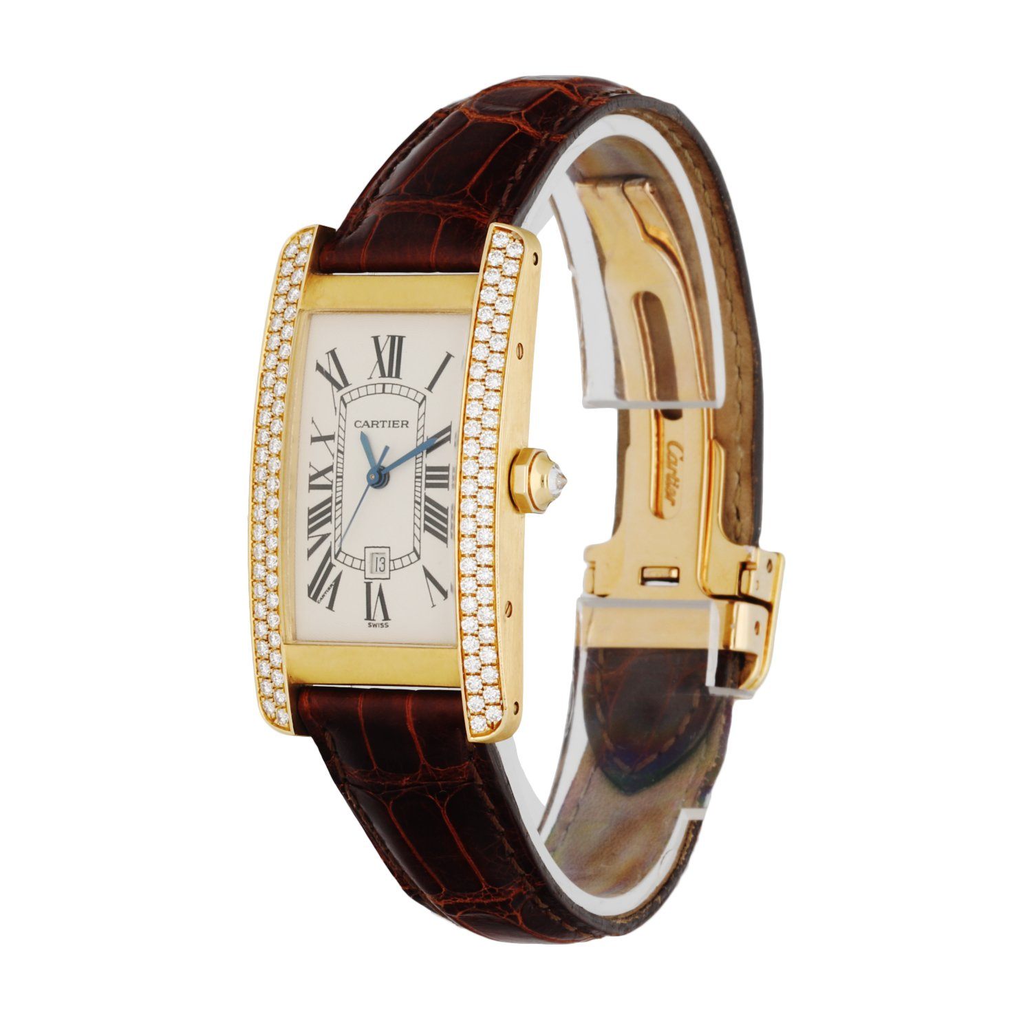 Cartier Tank Americaine 2483 Diamond Yellow Gold Ladies Watch Box Papers - Wristwatch