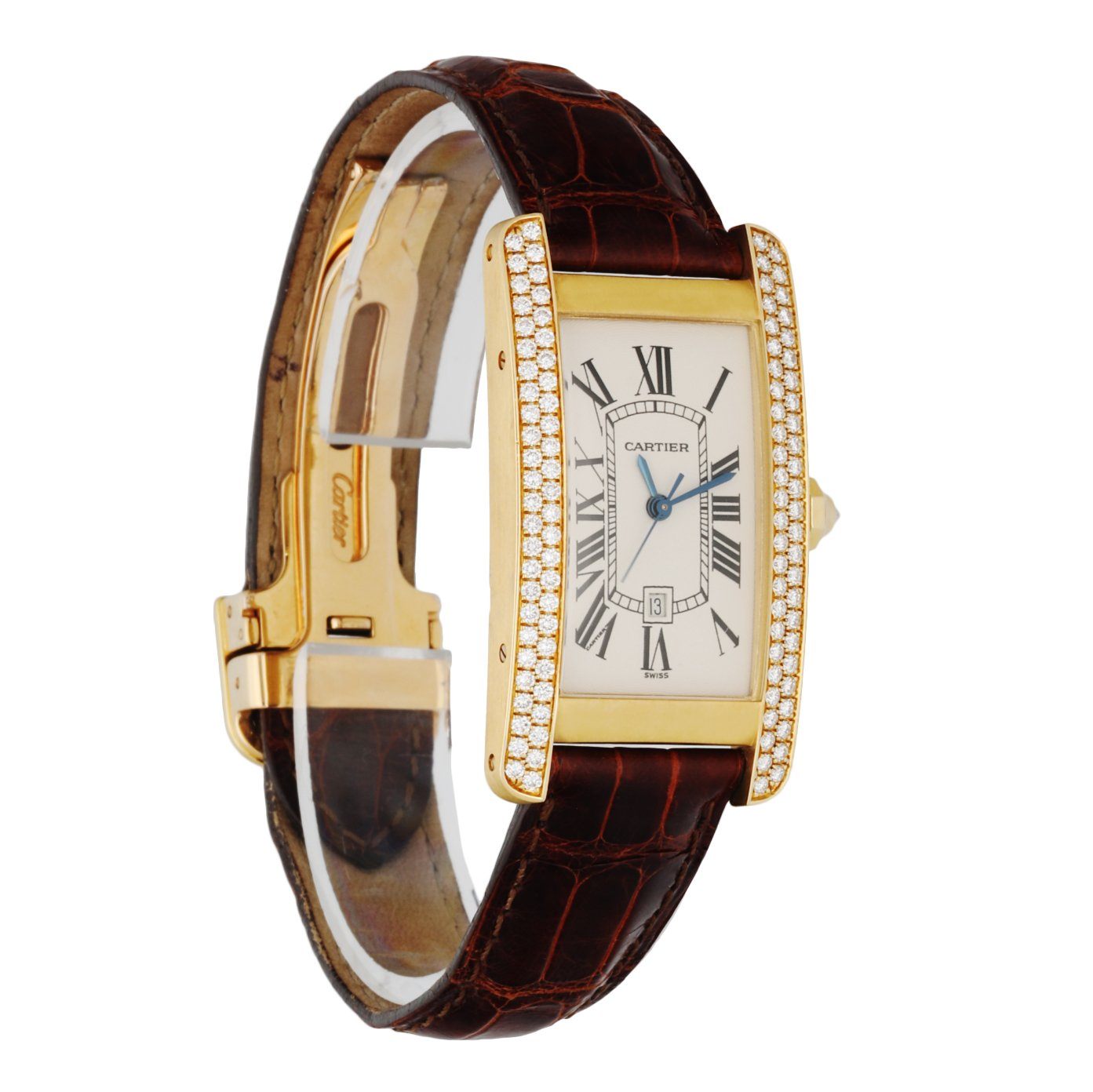 Cartier Tank Americaine 2483 Diamond Yellow Gold Ladies Watch Box Papers - Wristwatch