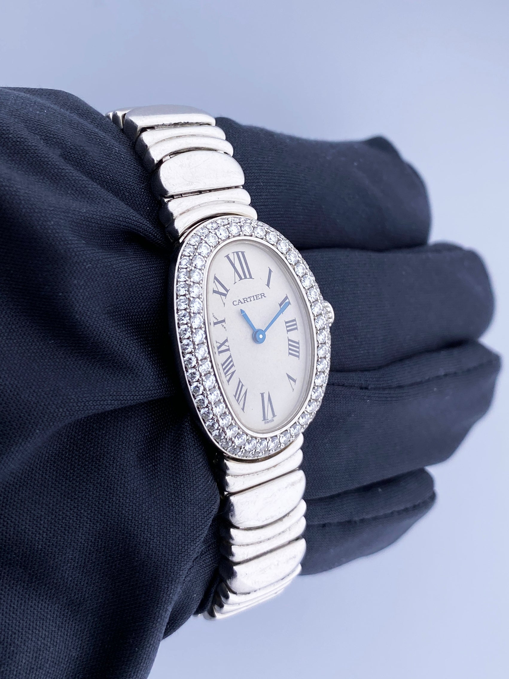 Cartier Baignoire 18K White Gold 1955 Diamond Bezel Ladies – Phigora