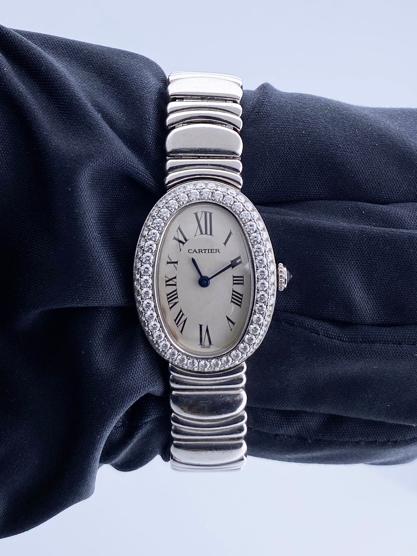 Cartier Baignoire 18K White Gold 1955 Diamond Bezel Ladies – Phigora