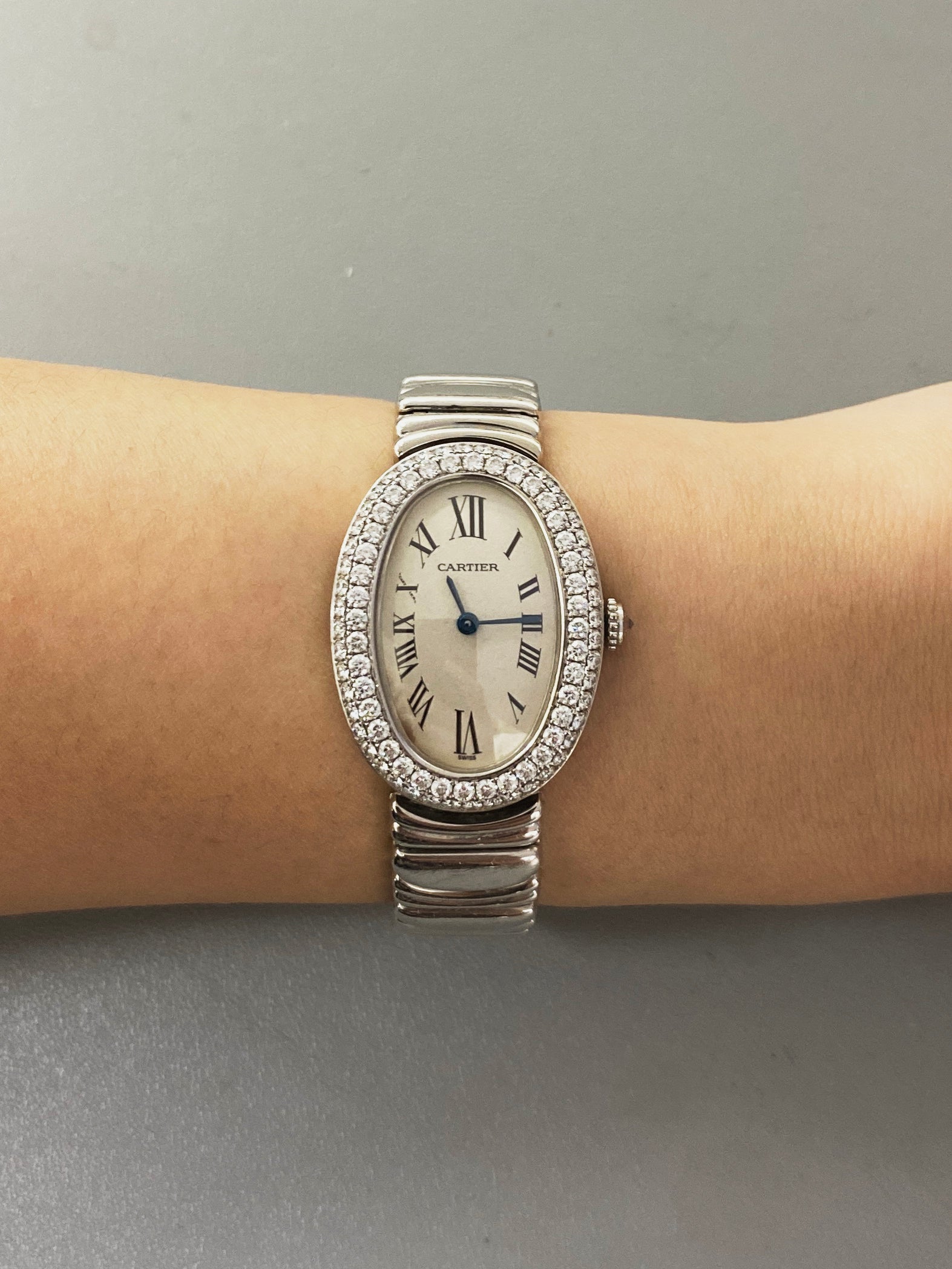 Cartier Baignoire 18K White Gold 1955 Diamond Bezel Ladies – Phigora