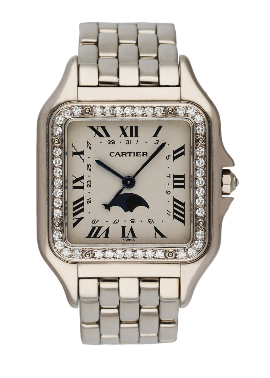 Cartier Panthere 18K White Gold Moon Phase Diamond Bezel Ladies Watch