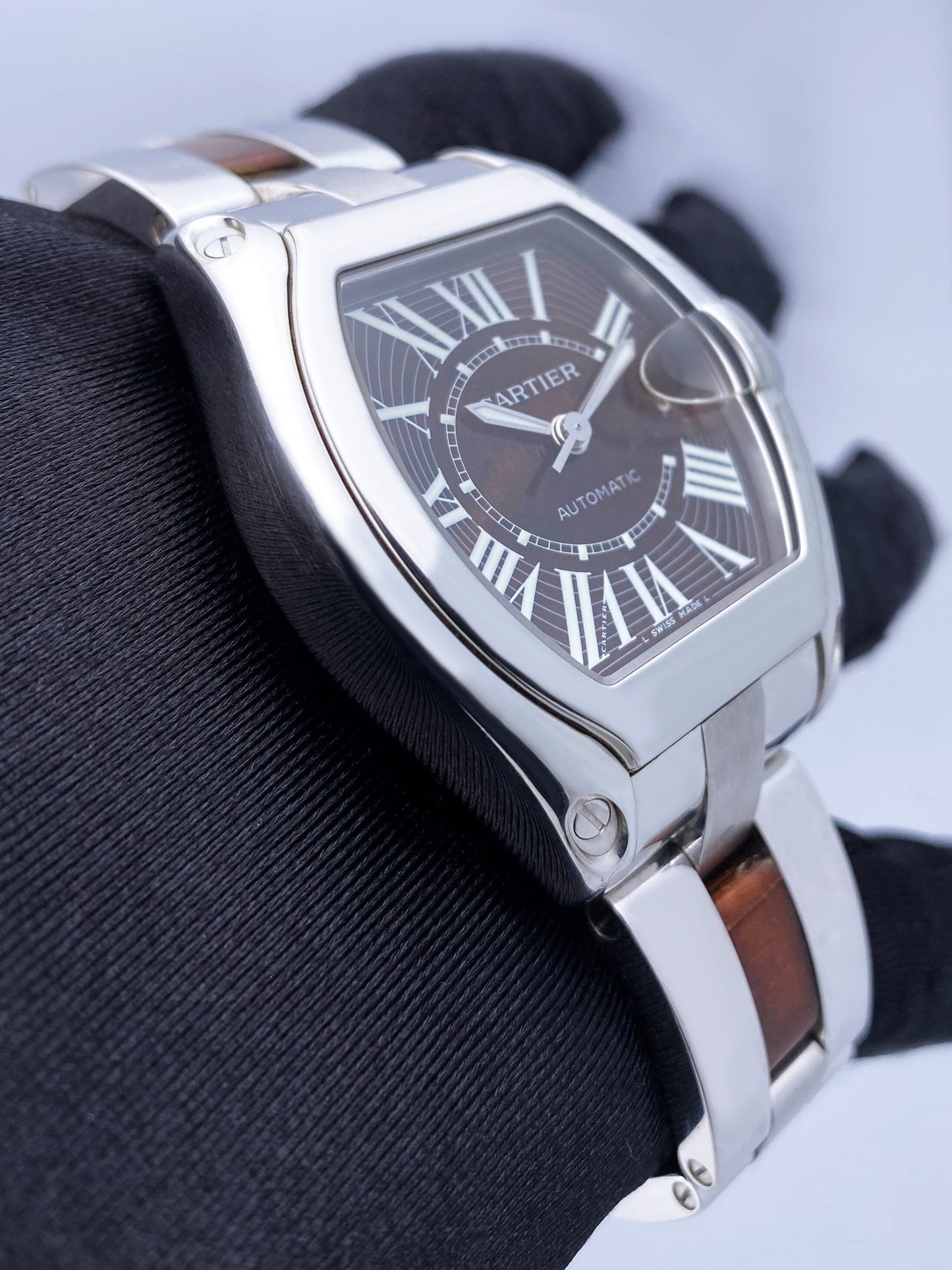 Cartier Roadster XL W6206000 Wood Dial White Gold Mens Watch