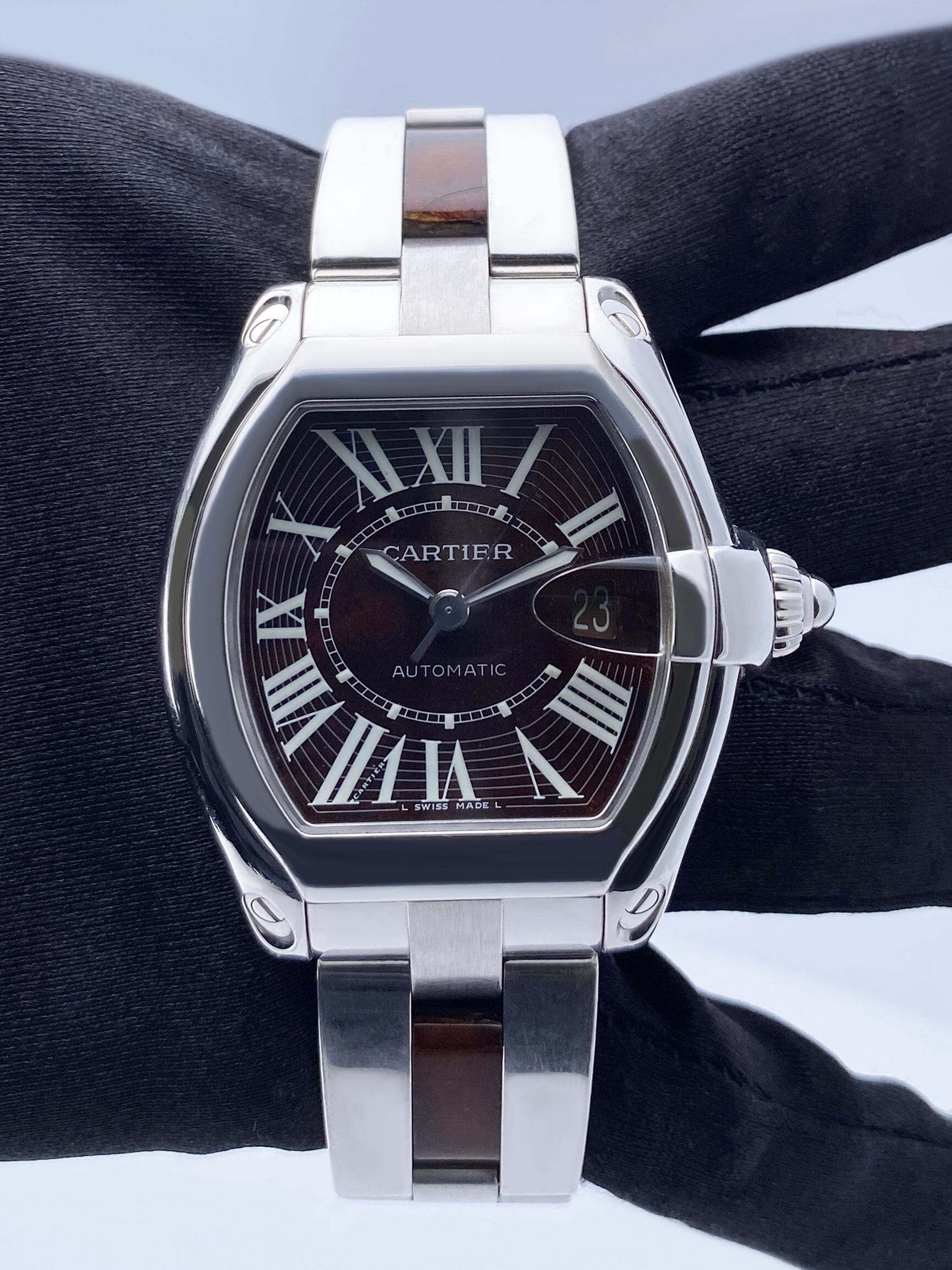 Cartier Roadster XL W6206000 Wood Dial White Gold Mens Watch