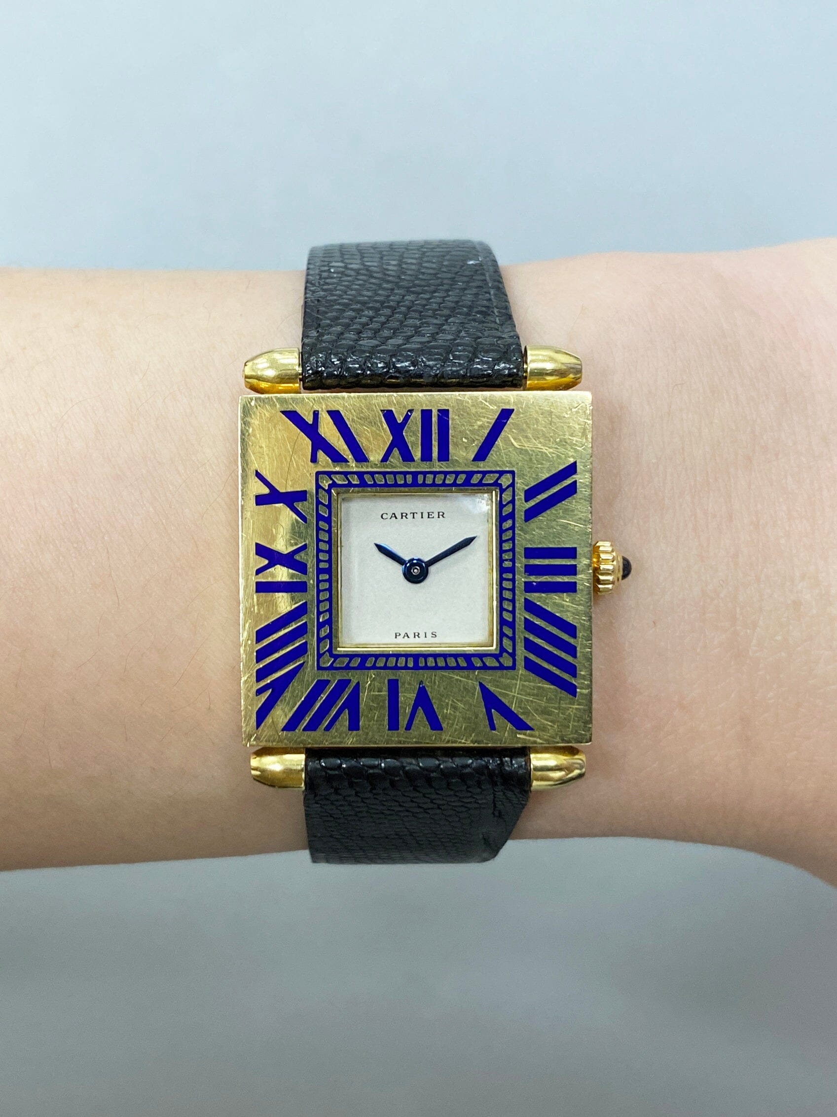Cartier Tank Carré Obus W852 Blue Enamel 18K Yellow Gold Ladies