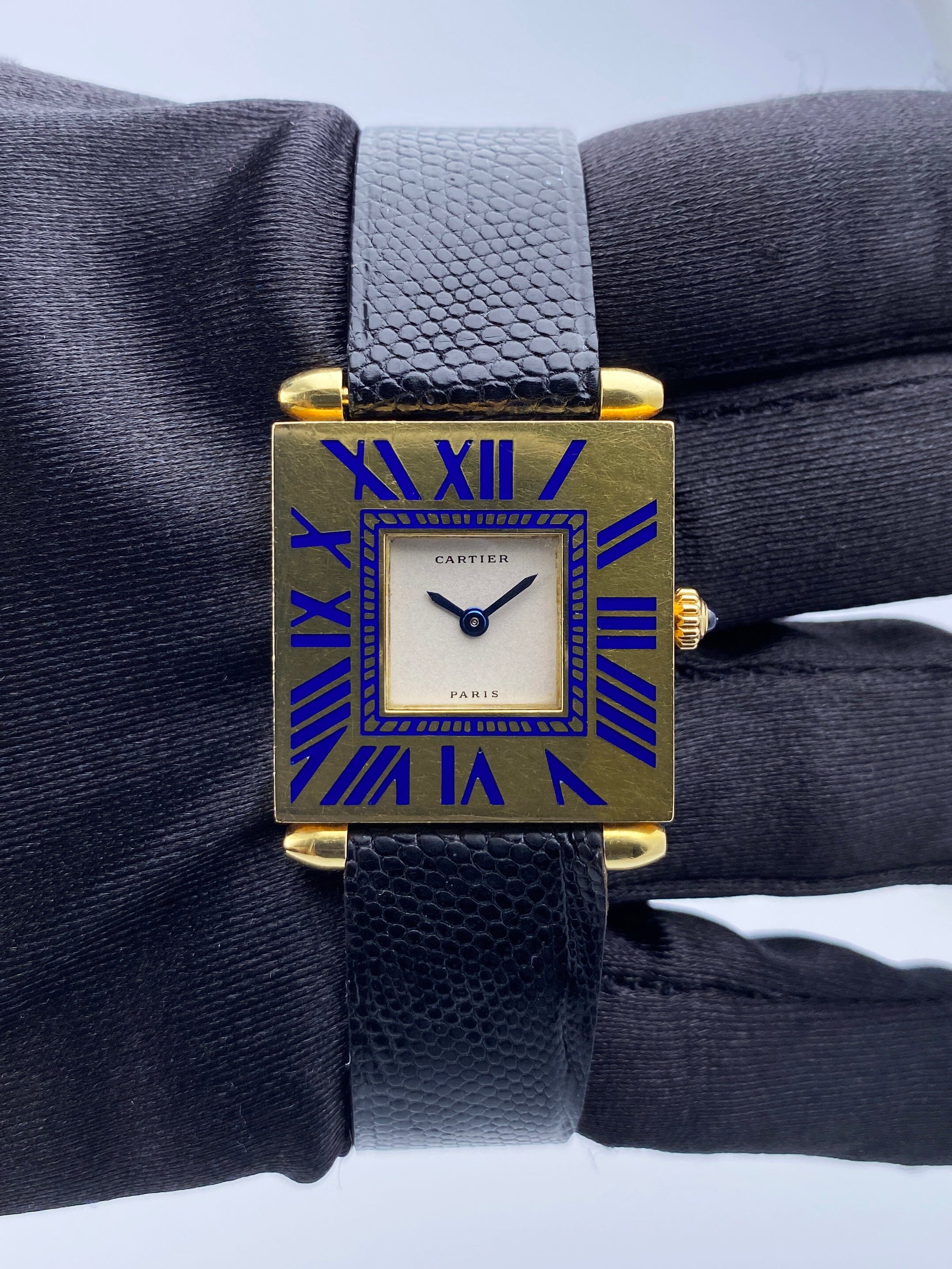 Cartier Tank Carré Obus W852 Blue Enamel 18K Yellow Gold Ladies