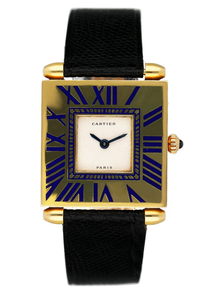 Cartier Tank Carré Obus W852 Blue Enamel 18K Yellow Gold Ladies Watch - Watches