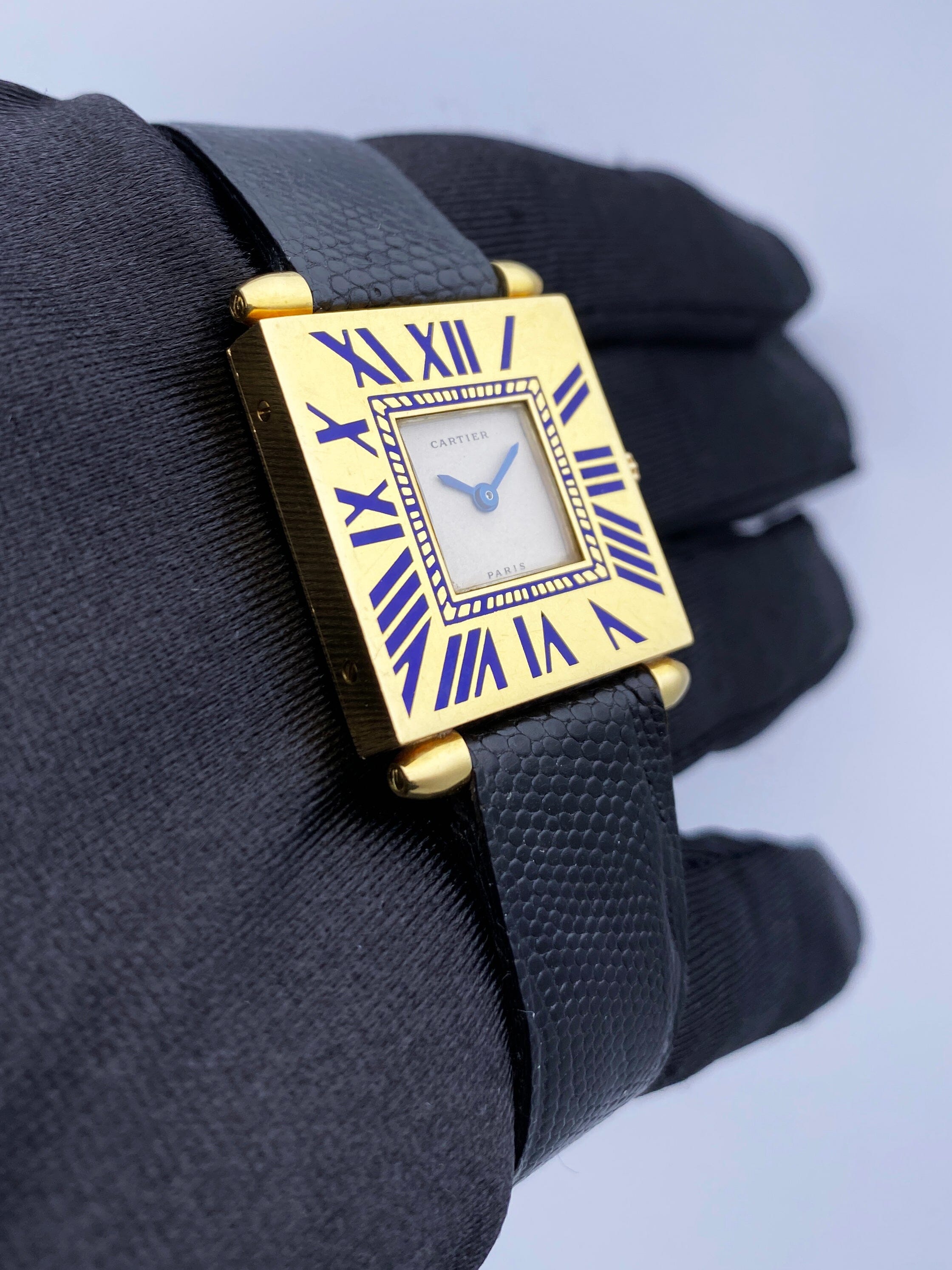 Cartier Tank Carré Obus W852 Blue Enamel 18K Yellow Gold Ladies