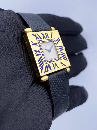 Cartier Tank Carré Obus W852 Blue Enamel 18K Yellow Gold Ladies Watch - Watches