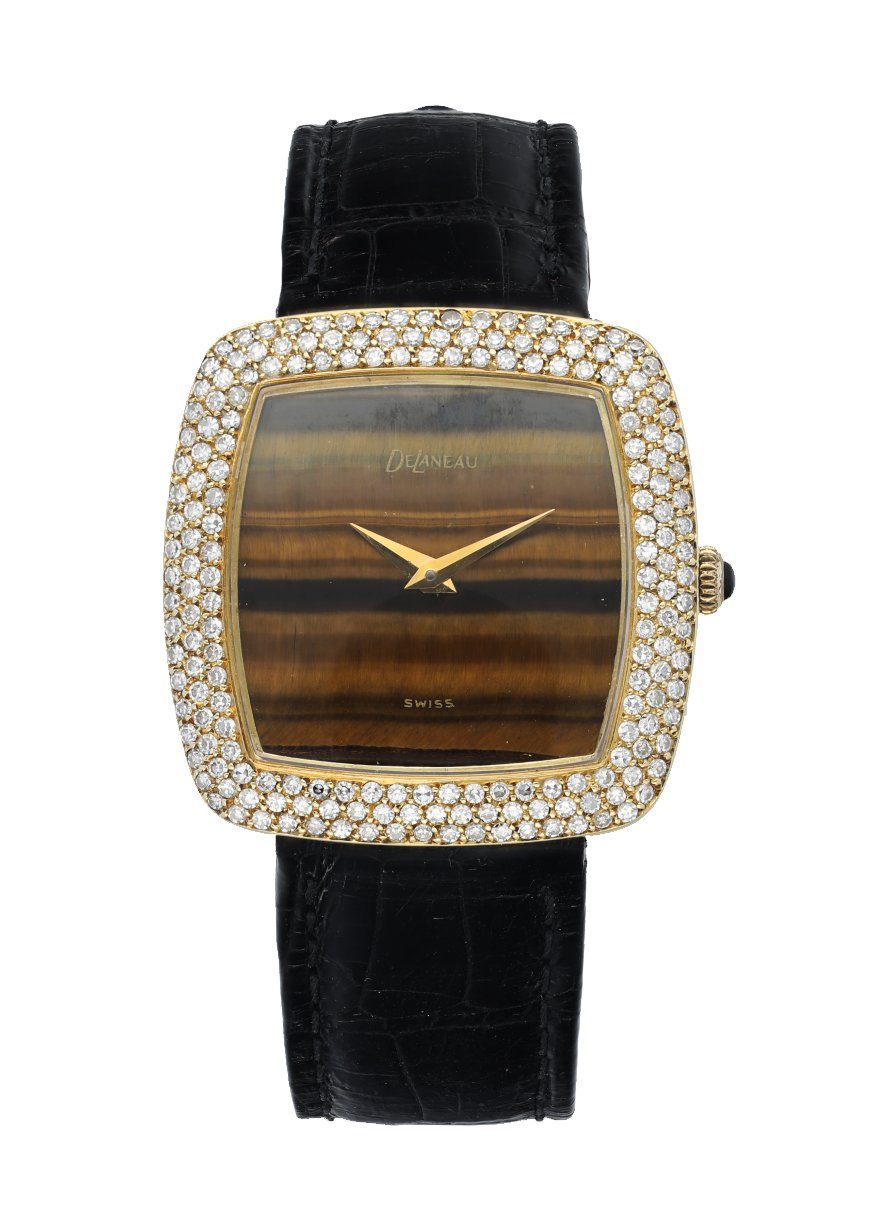 Delaneau Vintage Tiger eye Diamond Yellow Gold Ladies Watch