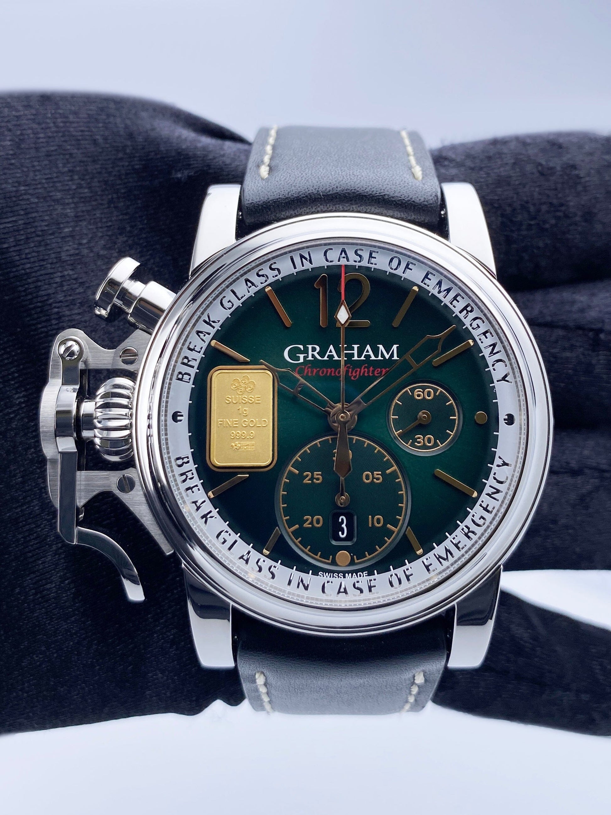 Graham Chronofighter Vintage Gold Emergency "Green Edition" Watch Box Papers