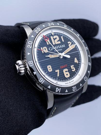 New Graham Fortress GMT Black Dial Mens Watch Box Papers - Wristwatch