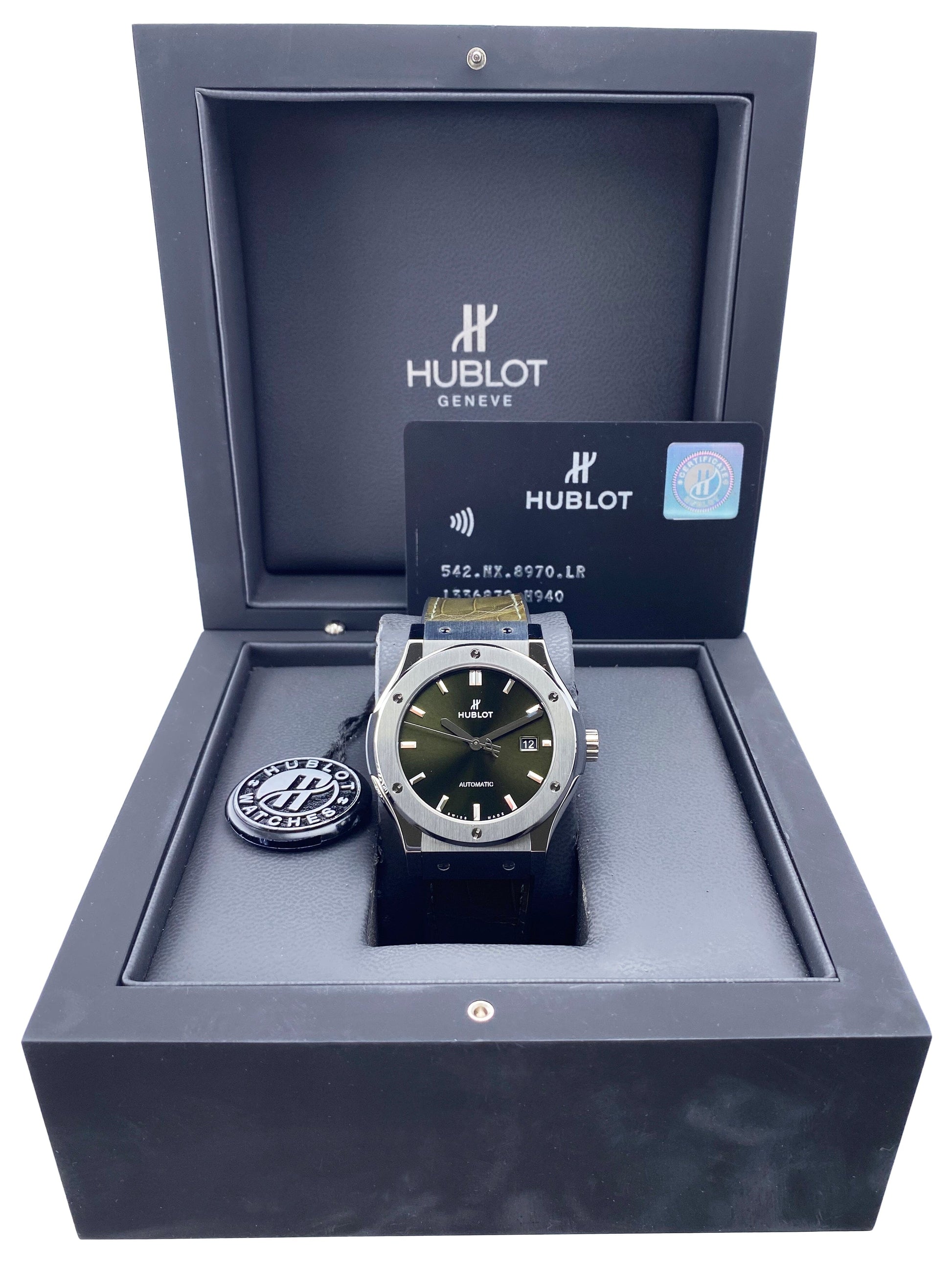 Hublot Classic Fusion 542.NX.8970.LR Green Dial Titanium Mens Watch Box Papers