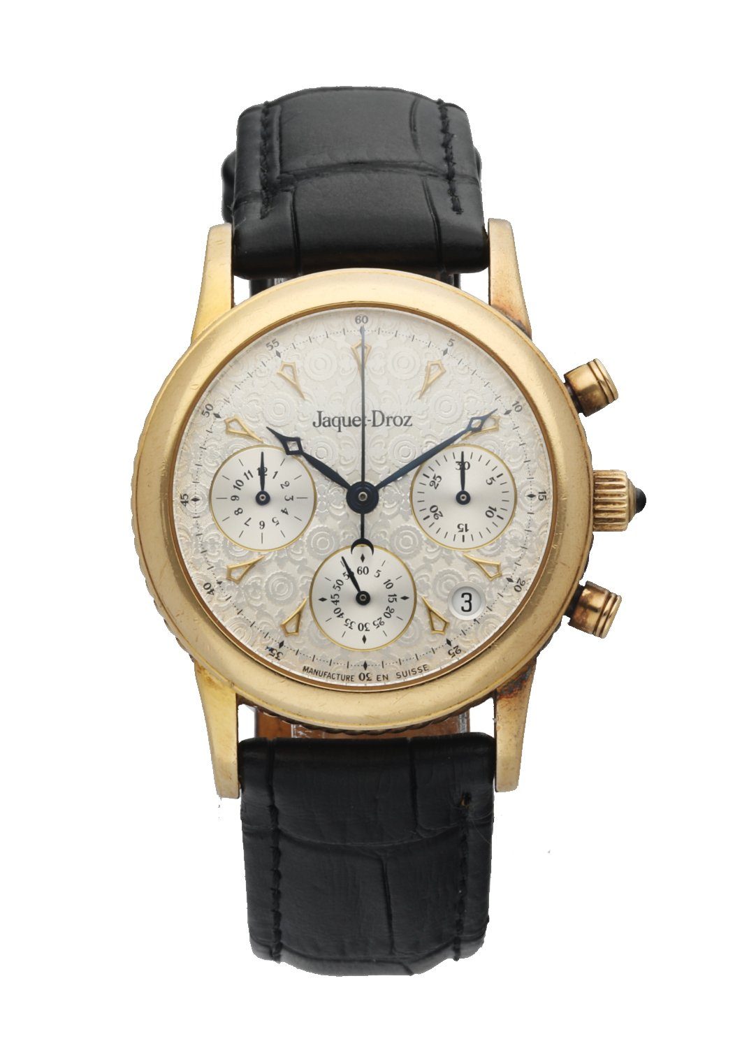Jaquet-Droz 3350 18k Yellow Gold Silver Textured Dial Chronograph Men’s Watch