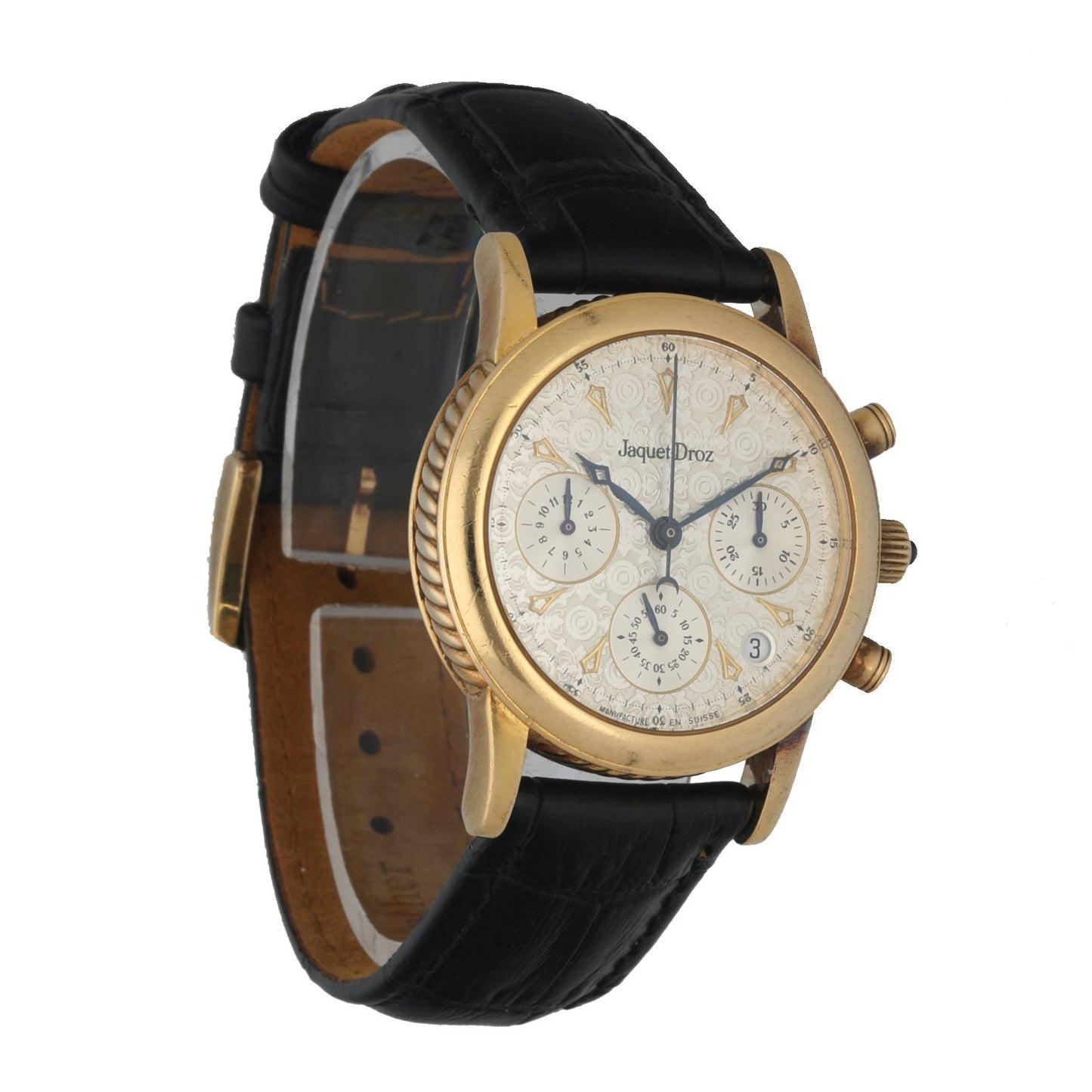 Jaquet-Droz 3350 18k Yellow Gold Silver Textured Dial Chronograph Men’s Watch