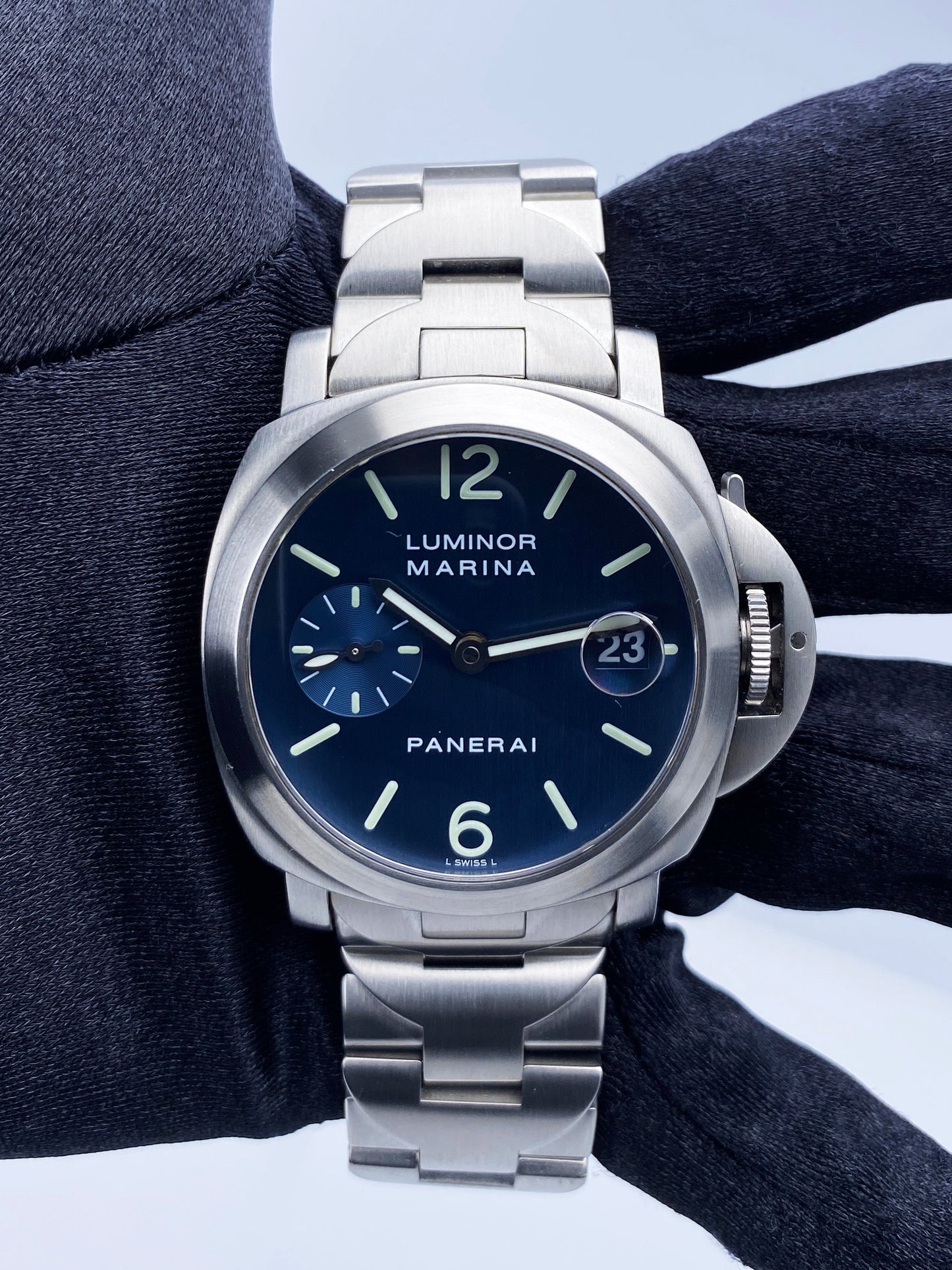 Panerai Luminor Marina PAM120 Blue Dial Mens Watch Box Papers - Wristwatch