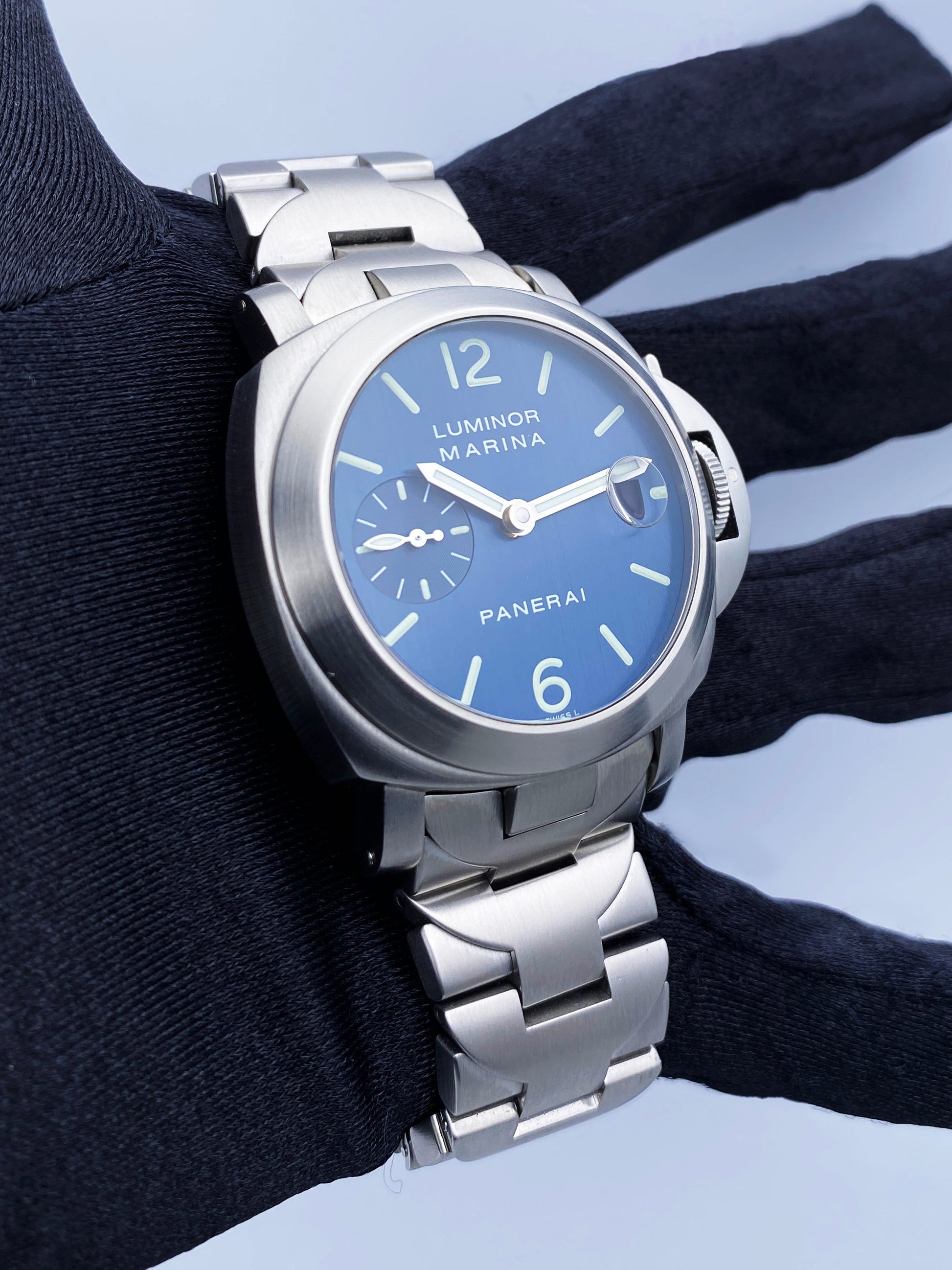 Panerai Luminor Marina PAM120 Blue Dial Mens Watch Box Papers - Wristwatch