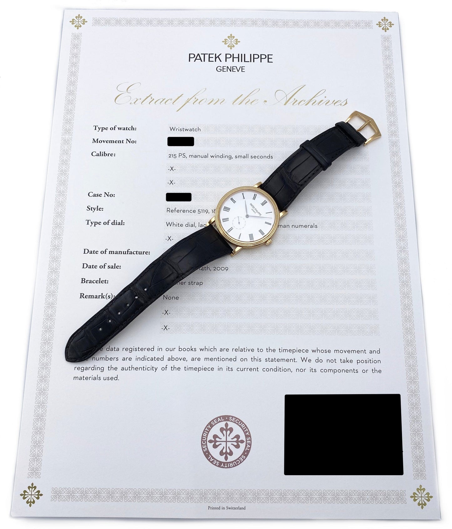 Patek Philippe Calatrava 5119R 18K Rose Gold Mens Watch With Archives - Wristwatch