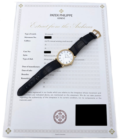 Patek Philippe Calatrava 5119R 18K Rose Gold Mens Watch With Archives - Wristwatch