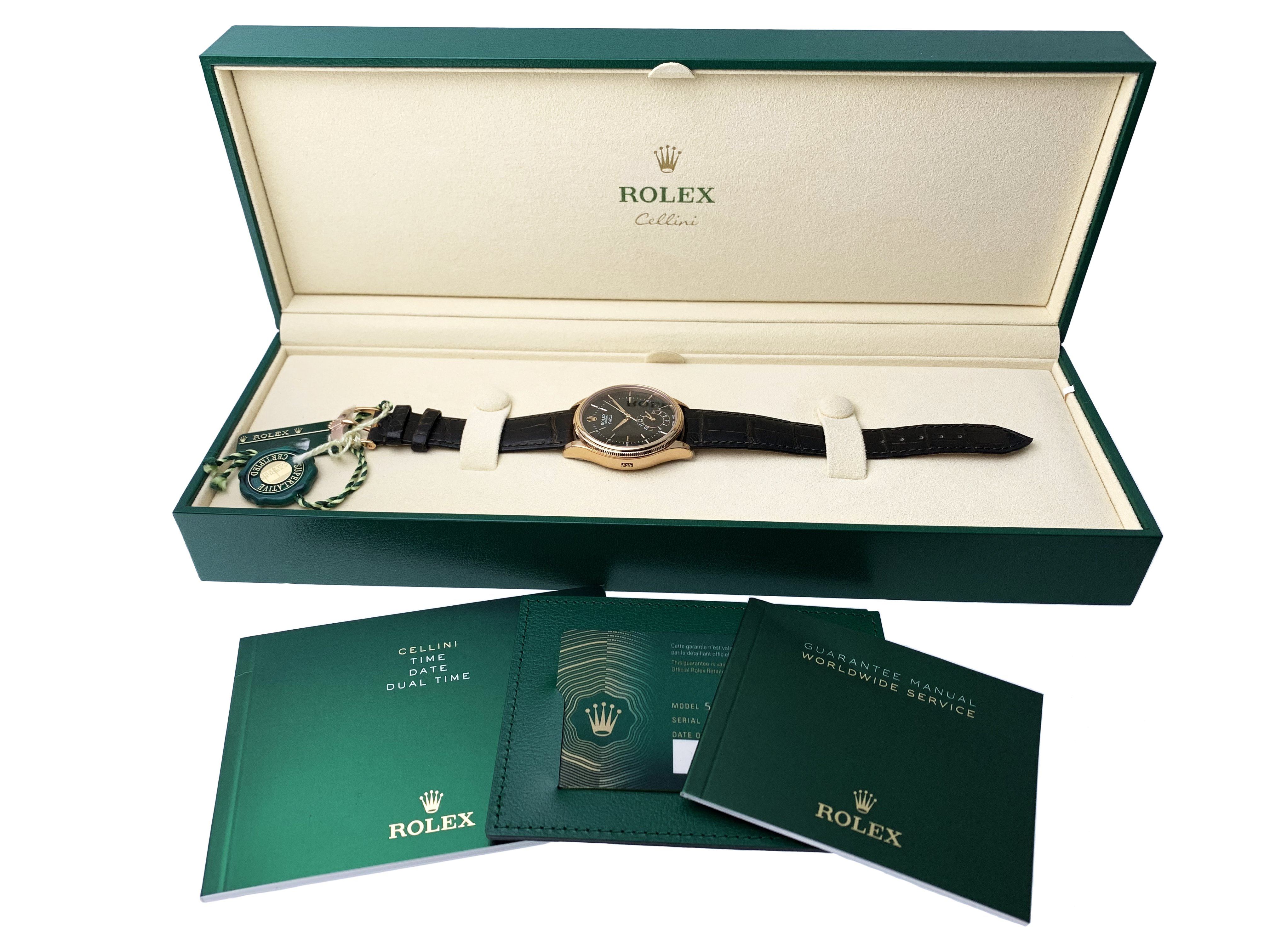 Rolex Cellini Dual Time 50525 18K Rose Gold Men's Watch Box