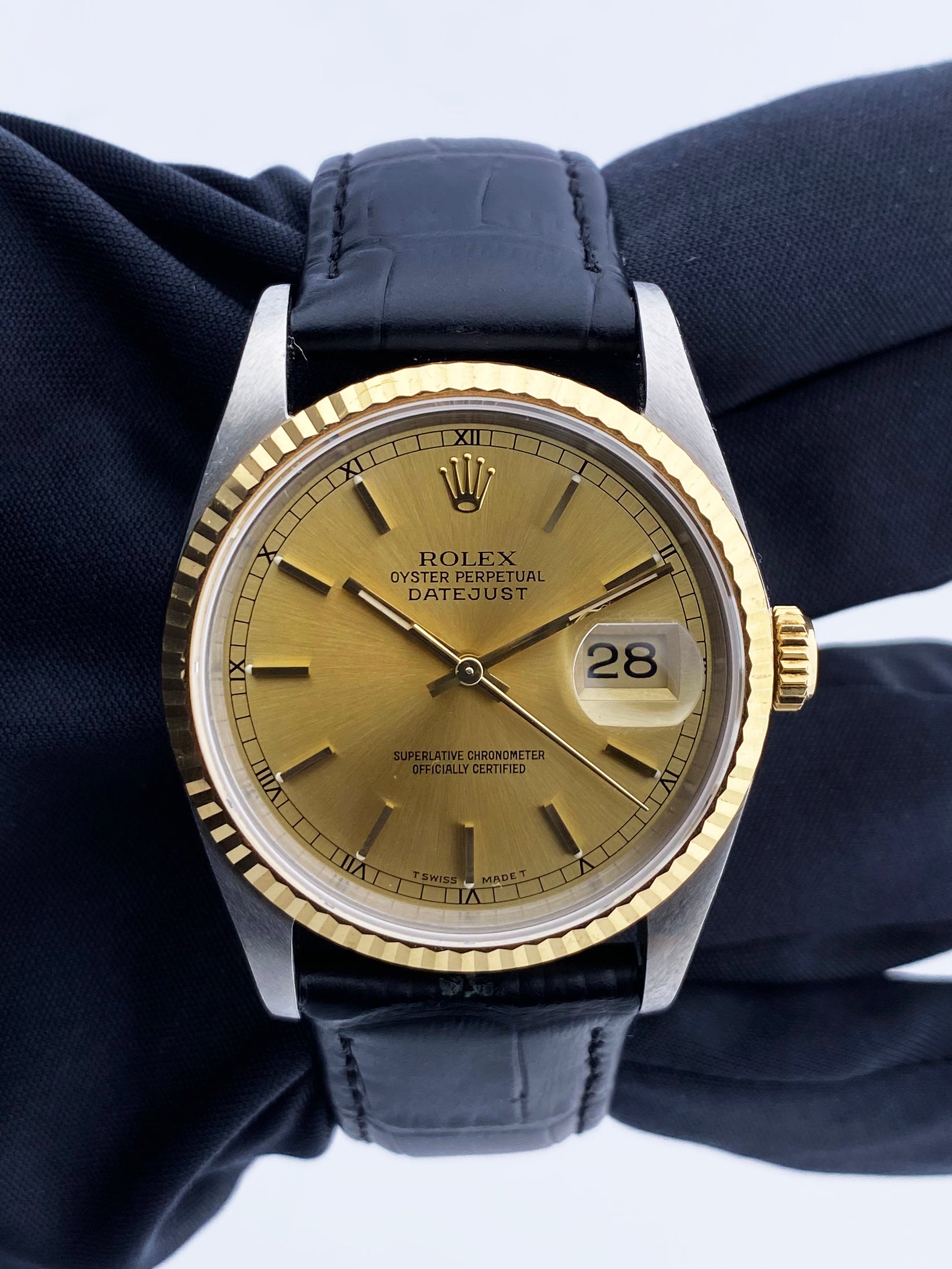 Rolex 16233 Leather Strap Two Tone Datejust On Strap Rolex