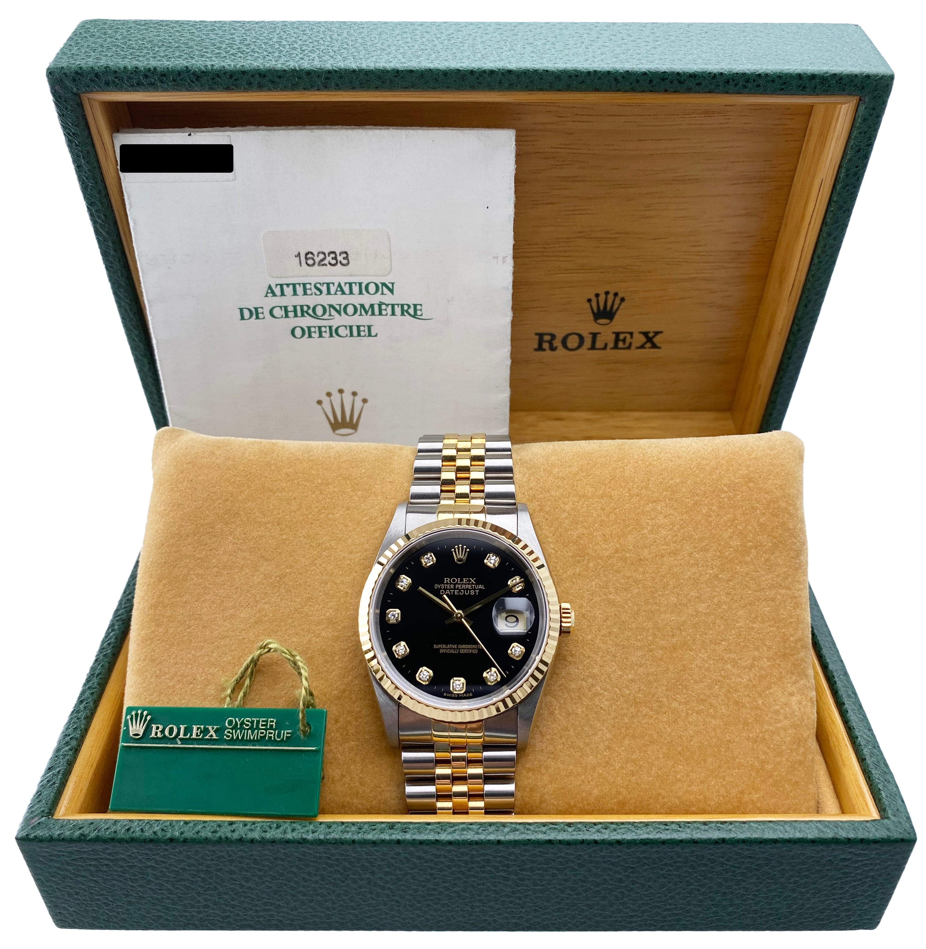 Rolex Datejust 16233 Diamond Black Dial Mens Watch Box