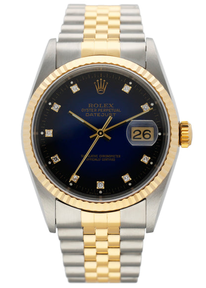 Rolex Datejust 16233 Diamond Blue Dial Mens Watch Box & Papers