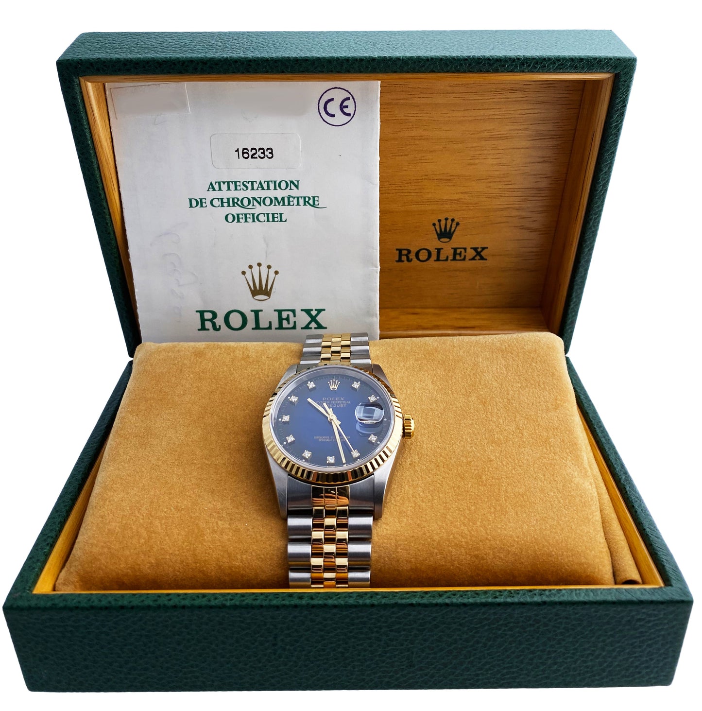 Rolex Datejust 16233 Diamond Blue Dial Mens Watch Box & Papers