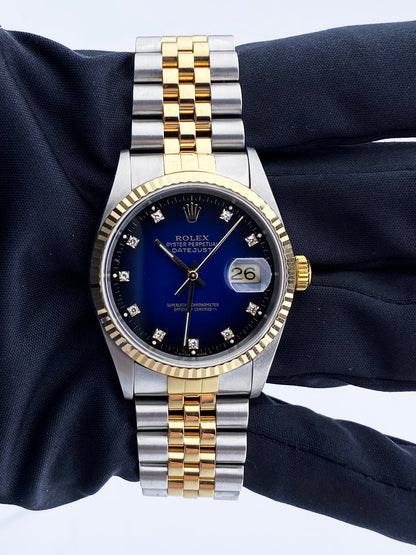 Rolex Datejust 16233 Diamond Blue Dial Mens Watch Box & Papers