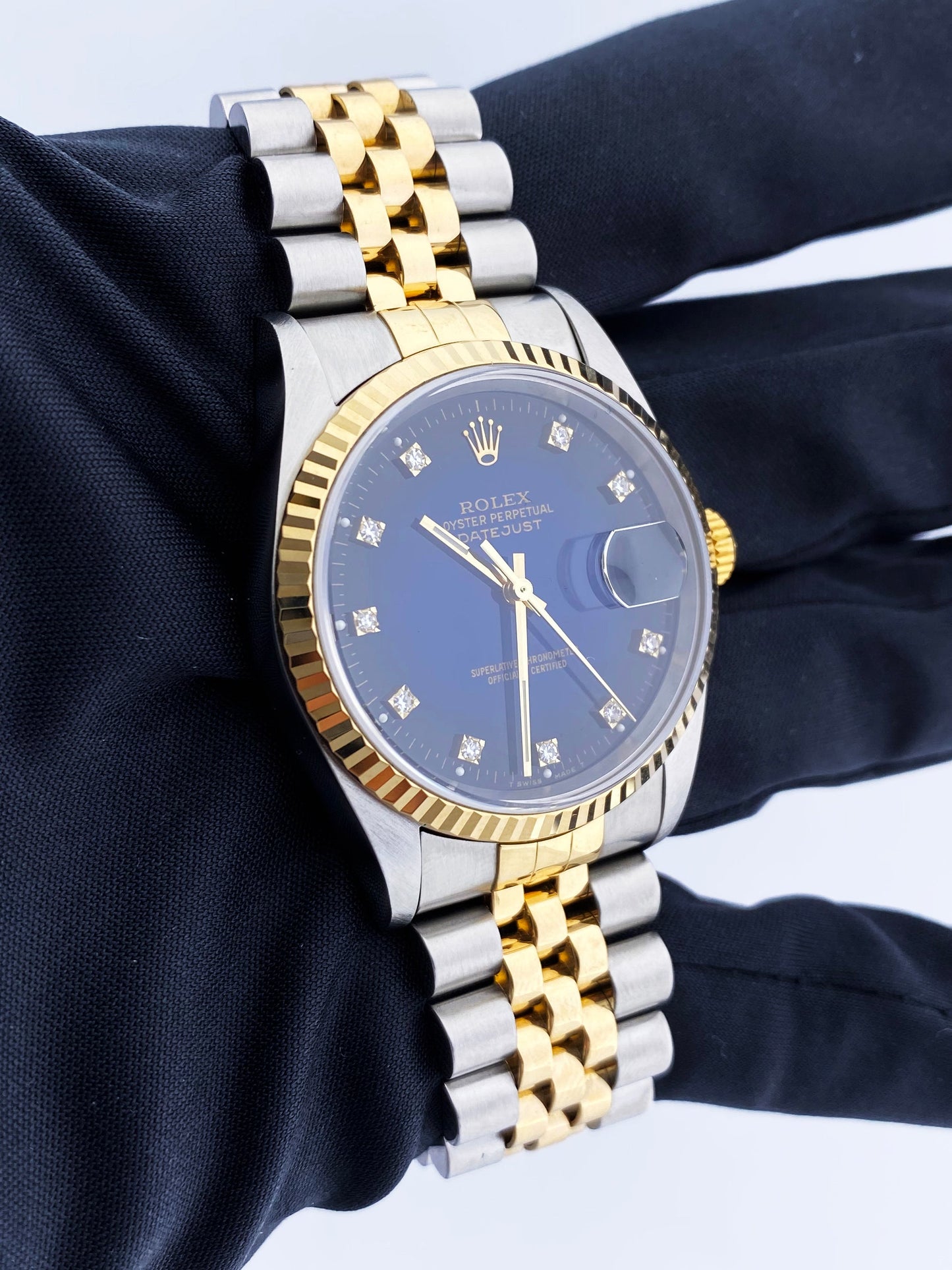 Rolex Datejust 16233 Diamond Blue Dial Mens Watch Box & Papers