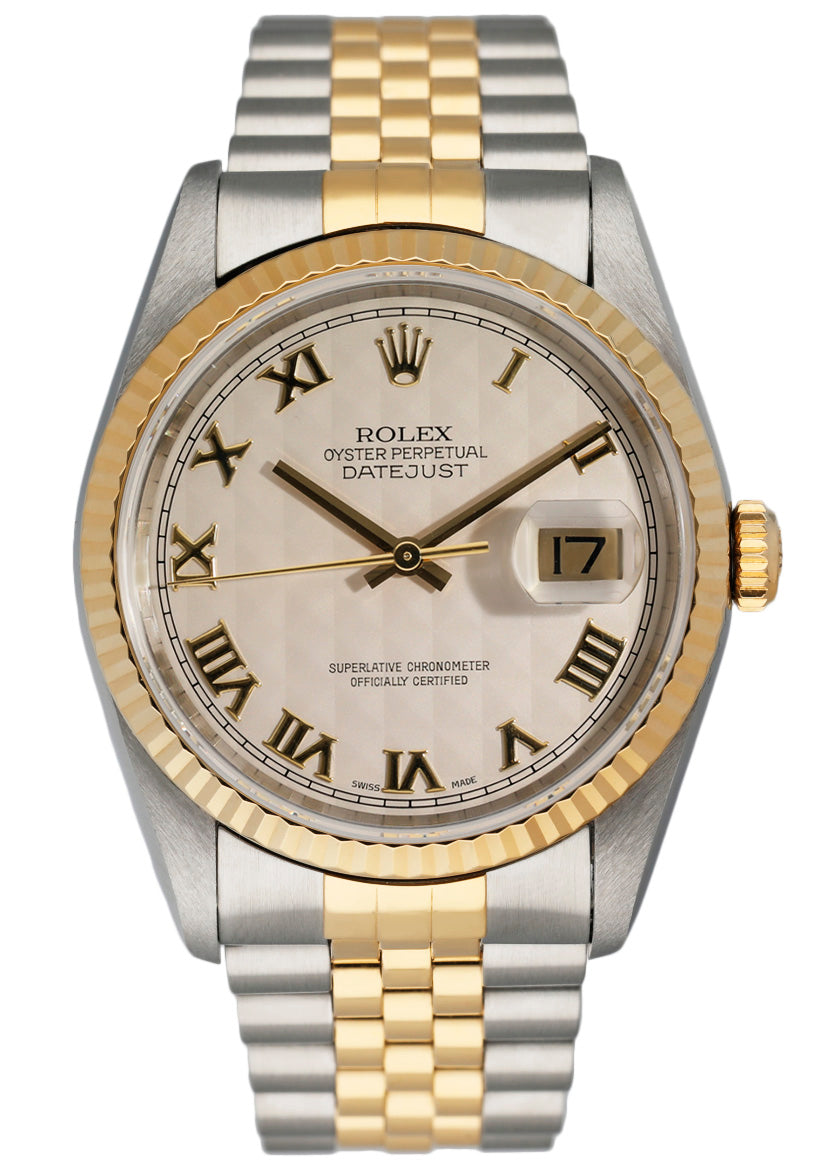 Rolex Datejust 16233 Ivory Pyramid Dial Mens Watch Box & Papers - Wristwatch