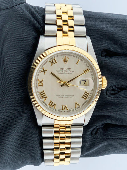 Rolex Datejust 16233 Ivory Pyramid Dial Mens Watch Box & Papers - Wristwatch