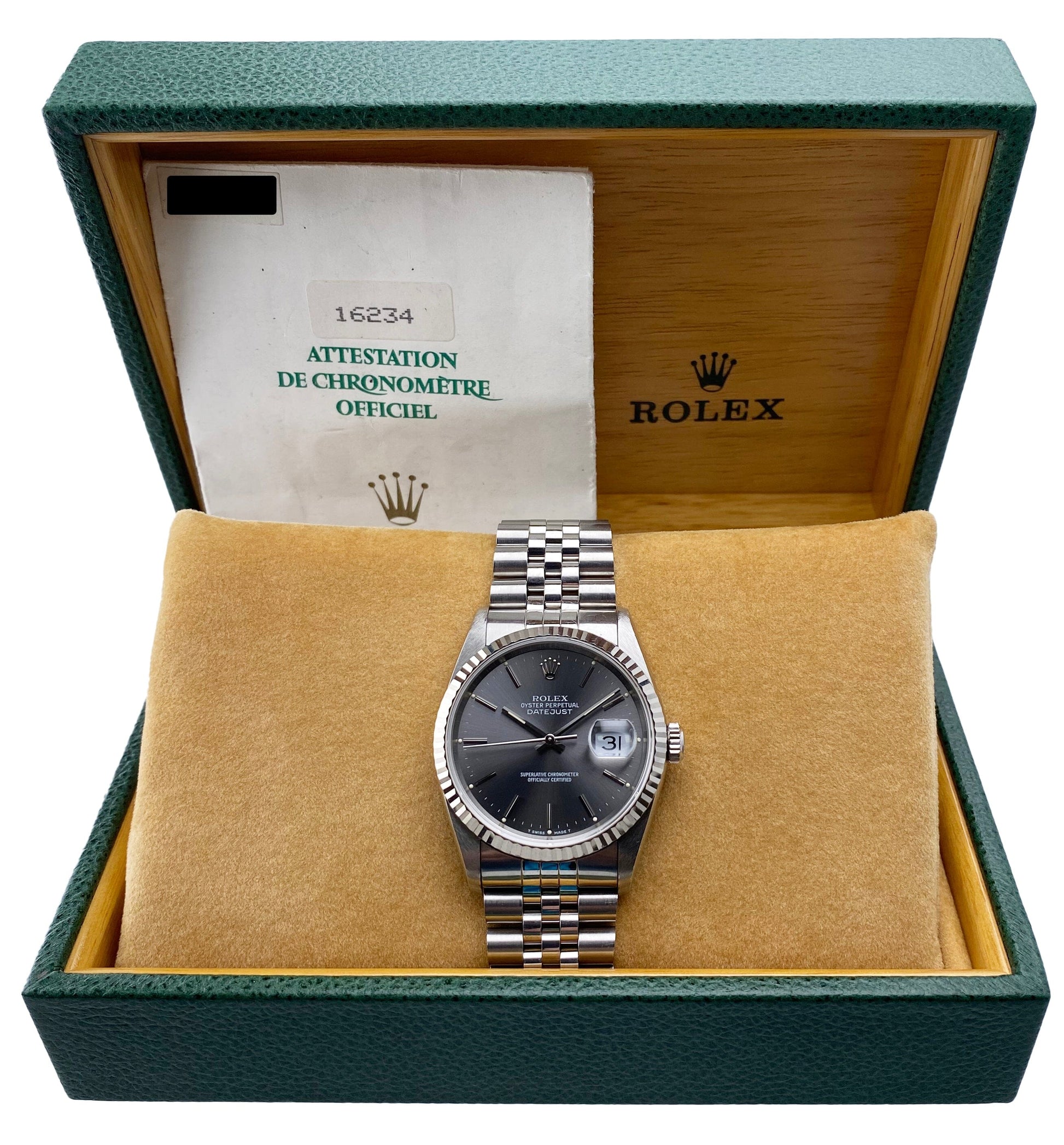 Rolex Datejust 16234 Gray Dial Mens Watch Box Papers