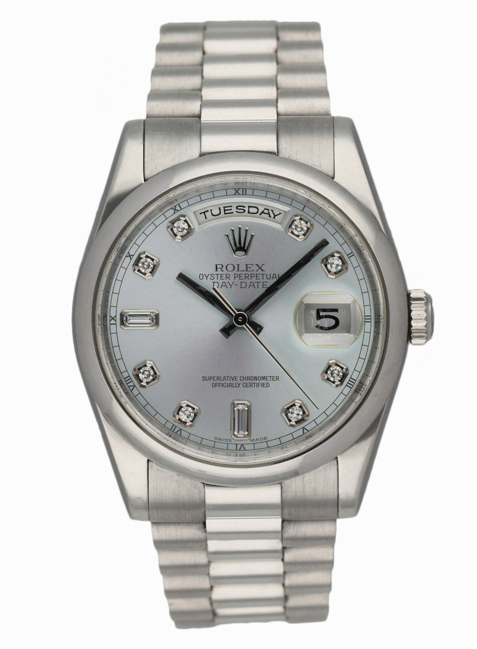 Rolex Day-Date 118206 Platinum Ice Blue Diamond Dial Box & Papers