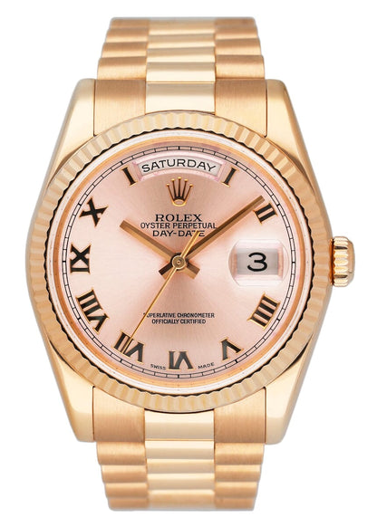 Rolex Day Date 118235 Pink Dial 18k Rose Gold Mens Watch