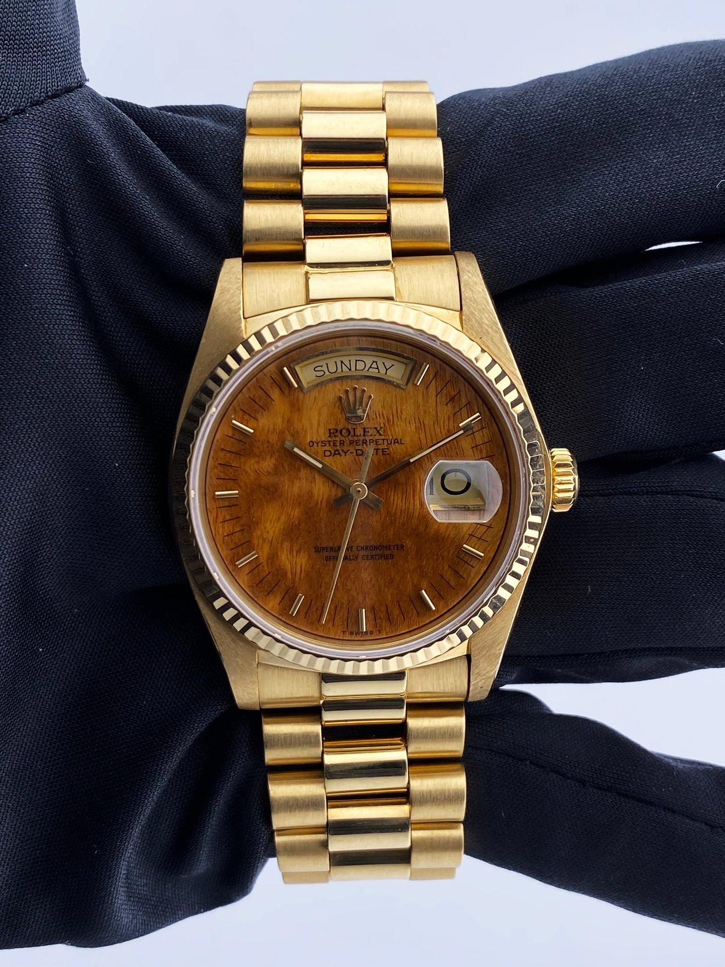 Rolex Day Date 18038 18K Yellow Gold Wood Dial Mens Watch