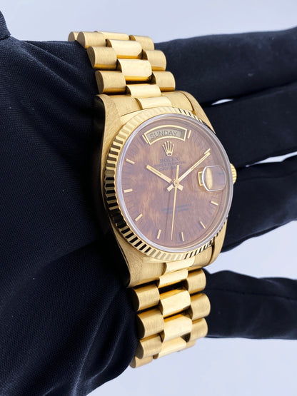 Rolex Day Date 18038 18K Yellow Gold Wood Dial Mens Watch